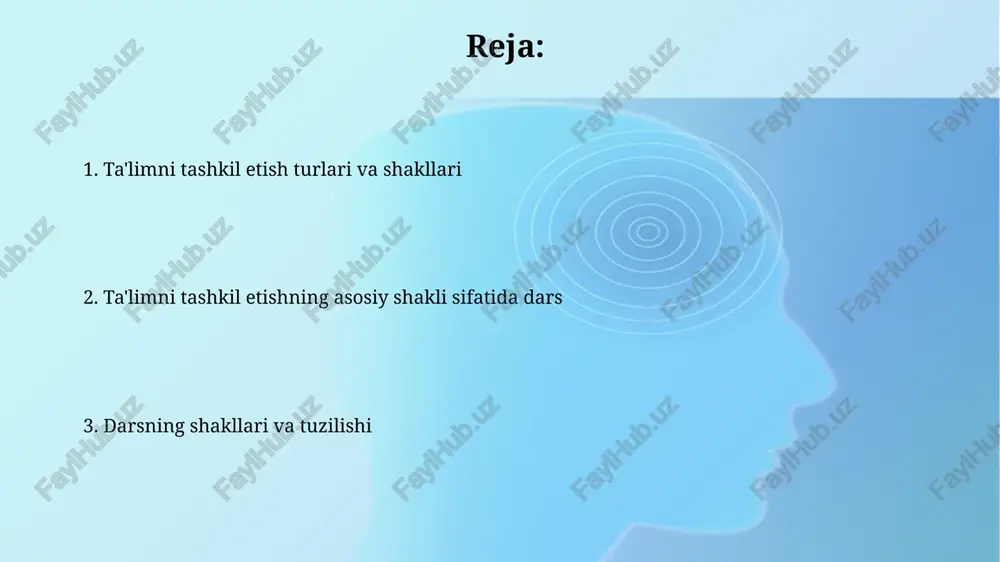 ish darsi, bilimlarni mustahkamlash darsi va kombinatsiyalashgan dars kabi 3 asosiy turi mavjud. dars tuzilishi, odatda, 5-7 bosqichdan iborat bo'lib, tashkiliy qism, uy vazifasini tekshirish, yangi mavzuni tushuntirish, mustahkamlash va yakuniy baholashni o'z ichiga oladi. darsga qo'yiladigan zamonaviy talablar darsda zamonaviy axborot texnologiyalaridan, masalan, interaktiv doskalar va multimedia resurslaridan foydalanish, o'quv materiallarini vizualizatsiya qilish va qiziqarli taqdimotlar yaratish muhimdir. talabalarning mustaqil fikrlashini rivojlantirish uchun darslarda 21-asr ko'nikmalariga yo'naltirilgan, masalan, tanqidiy fikrlash, muammolarni hal qilish va jamoada ishlash usullarini qo'llash zarur. darsni rejalashtirish va loyihalashtirish dars rejasida oʻquv maqsadlari aniq ifodalanishi kerak, ular smart kriteriyalari (specific, measurable, achievable, relevant, time-bound) boʻyicha tuzilgan bo'lishi shart. dars loyihalashtirishda faol oʻqitish metodlari (muammoli ta’lim, loyihalar usuli, kichik guruhlarda ishlash) integratsiyalash zarur, bu o'quvchilarning qiziqishini oshiradi. darsda o'qituvchi va o'quvchilarning faoliyati o'qituvchi darsda o'quvchilarni faol jalb qilish uchun interaktiv metodlarni qo'llaydi, masalan, "aqliy hujum" yoki "guruhlarda ishlash", bunda har bir o'quvchi o'z fikrini bildira oladi. …
