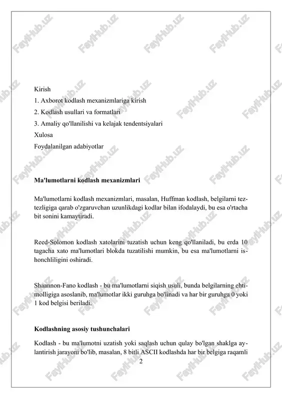irish uchun eng yuqori chastotadan kamida ikki barobar tezlikda namuna olish kerakligini ta'kidlaydi. analog kodlash analog kodlashda axborot uzluksiz signallar orqali ifodalanadi, masalan, 0 dan 10 voltgacha o'zgaruvchan kuchlanish qiymatlari tovush to'lqinining amplitudasi bilan mos kelishi mumkin. analog kodlashda signallarning aniqligi muhim ahamiyatga ega, shovqin yoki buzilish 5.25 volt o'rniga 5.2 volt kabi kichik o'zgarishlarga olib kelishi, axborotning noto'g'ri talqin qilinishiga olib kelishi mumkin. analog kodlashda ma'lumotlar modulyatsiya usullari orqali uzatiladi; masalan, chastota modulyatsiyasida (fm) axborot tashuvchi signalning chastotasini 88 dan 108 mhz gacha o'zgartirish orqali kodlanadi. manba kodlash manba kodlash ma'lumotlarni samarali uzatish uchun ishlatiladi; misol uchun, huffman kodlash algoritmi o'zgaruvchan uzunlikdagi kodlarni yaratadi va o'rtacha kod uzunligini kamaytiradi. shannon-fano kodlash - ma'lumotni ikkita teng ehtimollikdagi guruhga ajratish orqali amalga oshiriladi va har bir guruhga 0 va 1 raqamlari beriladi, bu samarali kodlashni ta'minlaydi. lz77 va lz78 kabi lug'atga asoslangan kodlash usullari takrorlanuvchi ma'lumotlar ketma-ketligini qisqartirish uchun ishlatiladi, bu …