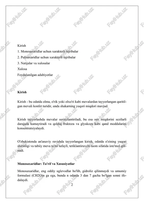 langan sulfat kislota bilan reaksiyaga kirishib, degidratlanish orqali furfural hosil qiladi, bu keyinchalik α-naftol bilan rangli kompleks beradi. ushbu sinov uglevodlarning mavjudligini aniqlash uchun ishlatiladi, unda sinov naychasining devori bo'ylab ehtiyotkorlik bilan sulfat kislota qo'shiladi va halqa hosil bo'lishi kuzatiladi. musbat natija eritma interfeysida binafsha yoki qizil rangli halqaning shakllanishi bilan belgilanadi, bu uglevodning namunada mavjudligini tasdiqlovchi muhim vizual ko'rsatkichdir. tajriba 2: benedict sinovi benedikt reaktivi 1 foizli mis sulfat, 10 foizli natriy karbonat va natriy sitratning aralashmasidan iborat bo'lib, qizdirilganda qaytaruvchi qandlar bilan reaksiyaga kirishadi. sinov jarayonida eritma rangining o'zgarishi mis (ii) ionlarining mis (i) oksidiga aylanishini ko'rsatadi, bu esa eritmadagi qand miqdoriga qarab yashildan qizil ranggacha o'zgaradi. benedikt sinovi monosaxaridlar va ayrim disaxaridlar (masalan, laktoza va maltoza) kabi qaytaruvchi qandlarni aniqlash uchun ishlatiladi, lekin saxaroza kabi qaytarmaydigan qandlarni aniqlamaydi. tajriba 3: fehling sinovi feling reaktivi tarkibida mis (ii) sulfat eritmasi, natriy gidroksid va seignette tuzi (natriy-kaliy tartrat) mavjud …