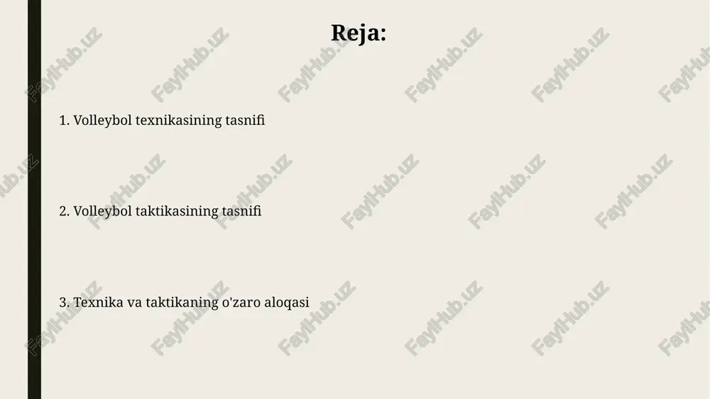 ilish burchagi 45 gradusdan past bo'lishi lozim, bu aniqlik va nazoratni oshiradi. yuqoriga oshirish, asosan, barmoq uchlari bilan bajariladi, qo'llar to'pga tegayotganda uchburchak shaklida bo'lishi muhim, bu to'p yo'nalishini aniqlashga yordam beradi. hujum zarbalari klassifikatsiyasi hujum zarbalari yo'nalishi bo'yicha oldinga, yon tomonga va orqaga yo'naltirilgan zarbalarga bo'linadi, bu hujumning 1-, 2- va 3-zonalariga ta'sirini optimallashtiradi. hujum zarbalari balandligi bo'yicha baland, o'rta va past uzatmalarga moslashtiriladi, bu esa hujumchiga 0.5 dan 2 metrgacha bo'lgan diapazonda zarba berish imkonini beradi. blok qo'yish taktikasi va texnikasi guruh bloklashda 2 yoki 3 oʻyinchi toʻp yoʻnalishini aniqlab, hujumchini toʻsib, himoyani kuchaytiradi, bu esa hujum samaradorligini pasaytiradi. blok qoʻyishda qoʻllar toʻr ustida boʻlishi kerak, barmoqlar yuqoriga qaratilgan holda, toʻpni pastga yoʻnaltirish va qarshi hujumni osonlashtirish uchun. himoya taktikalari: pozitsiyalar va harakatlar himoya taktikasida 6-zona himoyachisi ko'pincha to'pni o'yinga kiritish uchun qabul qiladi, 1 va 5-zonalar esa qisqa to'plarni himoya qilishga tayyor bo'lishadi. blok qo'yishda, markaziy bloklovchi …