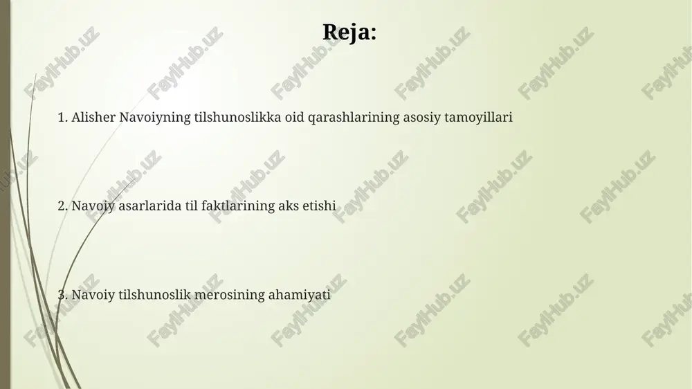 g 3 ta asosiy ma’nosi bor: lug‘aviy, majoziy va istilohiy. bu esa tilning boyligi va rang-barangligini ko‘rsatadi. navoiyning leksikografik merosi navoiyning “muhokamat ul-lug‘atayn” asari, 15-asr oxirida yaratilgan bo‘lib, turkiy tilning fors tilidan kam emasligini 20 dan ortiq leksik birliklar misolida isbotlaydi. “xazoyin ul-maoniy” devoni tarkibiga kiruvchi 4 ta devonida navoiy 12 mingdan ortiq so‘z va iboralar ishlatgan, ularning ko‘plari o‘sha davr uchun yangilik edi. navoiyning “lison ut-tayr” dostonida 30 ming baytdan ziyod misralar mavjud bo‘lib, unda ko‘plab arab va fors tilidan o‘zlashgan so‘zlar o‘zbek tiliga moslashtirilgan holda qo‘llanilgan. navoiy asarlarida tilning badiiy roli navoiyning "xamsa" asarida 5 ta doston orqali tilning obrazliligi, majoziy ma'nolari va 7 asosiy qahramonlar orqali insoniy tuyg'ularning ifodasi yorqin aks etgan. navoiy asarlarida tilning badiiy roli 15-asr o'zbek adabiy tilining shakllanishida muhim ahamiyatga ega bo'lib, she'riyatda 12 vazn tizimini qo'llash orqali boyitilgan. navoiyning lirik she'rlarida 900 dan ortiq g'azal mavjud bo'lib, ularda tilning musiqiyligi, ohangdorligi va …