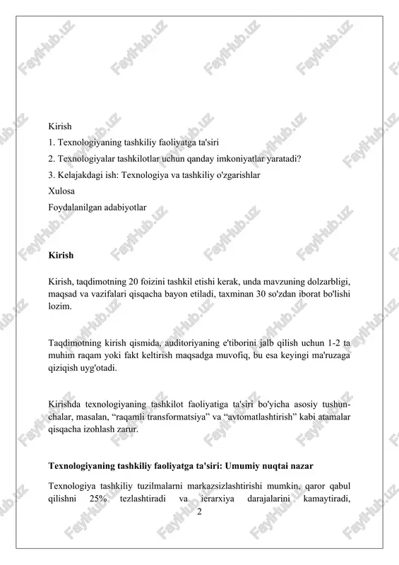 adi, bu esa umumiy samaradorlikni 10% ga oshiradi. ish unumdorligi va samaradorligini oshirish texnologik yechimlar, masalan, crm tizimlari savdo jarayonlarini avtomatlashtirib, xodimlarning 15-20% vaqtini tejaydi, mijozlar bilan aloqalarni yaxshilaydi va savdo hajmini oshiradi. bulutli texnologiyalar ma'lumotlarni markazlashtirgan holda saqlash imkoniyatini beradi, bu esa xodimlarning ma'lumotlarga kirish tezligini 30% ga oshiradi va hamkorlikni yaxshilaydi. sun'iy intellektga asoslangan analitik platformalar marketing kampaniyalarining samaradorligini baholashda yordam beradi va kampaniya konversiyasini 25% ga oshirishga olib keladigan maqbul qarorlar qabul qilishga yordam beradi. ma'lumotlarni qayta ishlash va tahlil qilishning takomillashuvi zamonaviy tahlil platformalari, jumladan, ai va ml, katta hajmdagi ma'lumotlardan (big data) tushunchalar chiqarish va bashorat qilish imkonini beradi, bu esa 25% ko'proq aniq qaror qabul qilishga yordam beradi. bulutli texnologiyalar yordamida ma'lumotlarni qayta ishlash xarajatlari 30% gacha kamayadi, chunki server resurslari moslashuvchan bo'lib, talabga qarab dinamik ravishda o'zgaradi hamda xavfsizlik yaxshilanadi. real vaqtda ma'lumotlarni tahlil qilish vositalari, masalan, streaming analytics, tashkilotlarga tezkorlik bilan javob …