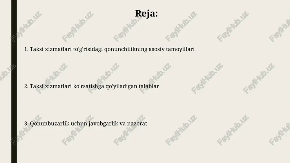 ing huquq va majburiyatlari haydovchi yo‘lovchini tashish shartnomasiga muvofiq, xavfsiz va qulay sharoitlarda manziligiga yetkazish huquqiga ega, bunda 2024 yilgi qoidalarga rioya etiladi. haydovchilar yo'lovchilarga xizmat ko'rsatishda transport vositasining texnik sozligini ta'minlash, shuningdek, yo'l harakati qoidalariga qat'iy rioya qilish majburiyatiga ega. yo'lovchi tashish talablari yo'lovchi tashishda foydalaniladigan avtotransport vositalari har 6 oyda texnik ko'rikdan o'tkazilishi va uning natijalari qonun hujjatlarida belgilangan tartibda rasmiylashtirilishi shart. taksi xizmatini ko'rsatuvchi haydovchi har 3 yilda bir marta malaka oshirish kurslaridan o'tishi va uning natijasi tegishli hujjat bilan tasdiqlanishi kerak. transport vositalariga qo'yiladigan talablar transport vositasi kamida to'rtta eshikka ega bo'lishi, texnik jihatdan sozligi va har 6 oyda texnik ko'rikdan o'tganligi to'g'risida ma'lumotga ega bo'lishi shart. taksilarning tashqi ko'rinishi belgilangan standartlarga mos kelishi, ya'ni tanada "taksi" degan yozuv va identifikatsiya belgisi (masalan, rangli sxema) bo'lishi kerak. litsenziyalash tartibi taksi xizmatlari ko‘rsatish uchun litsenziya olishda transport vositasining 4 yildan oshmaganligi va kamida 2ta eshigi borligi kabi …