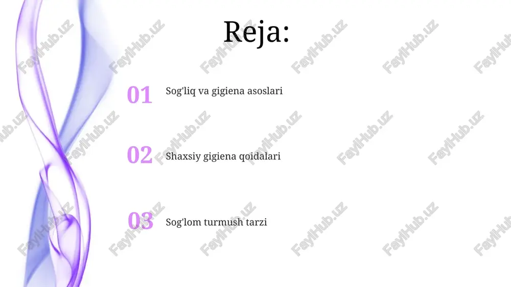 pun bilan yuvishni o'z ichiga oladi. kiyim-kechak gigienasi kiyim-kechak gigienasi uchun har bir kishining kamida 3-4 to'plam ichki kiyimi bo'lishi kerak, ularni har kuni almashtirib, terining sog'lomligini saqlash lozim. sport kiyimlari, ayniqsa, mashg'ulotdan so'ng darhol yuvilishi kerak, chunki unda bakteriyalar tez ko'payadi, bu esa terining turli xastaliklariga olib kelishi mumkin. uy gigienasi ko'z gigienasi uchun "20/20/20" qoidasiga amal qilish muhim: har 20 daqiqada ekran ko'rishdan 20 soniya uzoqlashing va 20 fut (6 metr) uzoqlikka qarang. quloq gigienasida quloqni tozalash uchun paxta tayoqchalaridan foydalanish quloq kirini ichkariga itarib, tiqilib qolishiga olib kelishi mumkin; buning o'rniga quloqni tashqi tomondan artib tozalang. oziq-ovqat gigienasi oziq-ovqat mahsulotlarini tayyorlashda kesish taxtalari va pichoqlarni alohida ishlatish kerak; xom go'sht uchun bir to'plam, sabzavotlar uchun esa boshqa to'plamdan foydalaning. oziq-ovqat mahsulotlarini xavfsiz haroratda saqlash juda muhim: go'shtni 4 daraja selsiy yoki undan past haroratda, tayyor ovqatlarni esa 60 daraja selsiyda saqlang. suv gigienasi suv gigienasi ichimlik suvining …