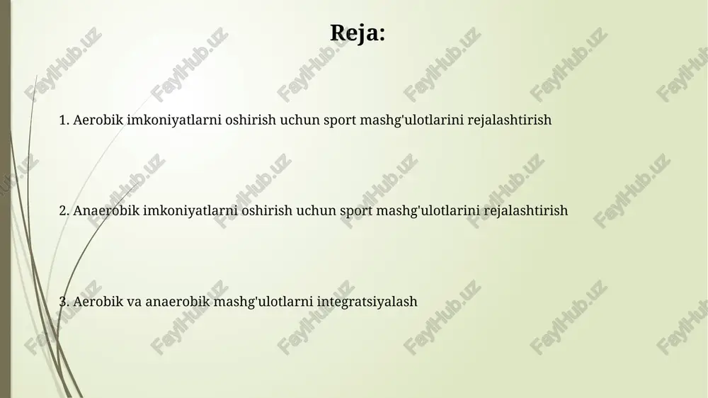 ik dam olish davrlari misol bo'la oladi. anaerob mashg'ulotlar: turlari va usullari anaerob mashg'ulotlar (laktatsiz): atp-kf tizimiga asoslangan, qisqa (10 sekundgacha), yuqori intensivlikdagi harakatlar; sprintlar, og'ir atletika bularga misol. anaerob mashg'ulotlar (laktatli): glikoliz jarayonidan energiya oladi, 2-3 daqiqagacha davom etadi. 400m yugurish yoki yuqori intensiv interval mashqlari bunga yaqqol misoldir. aerob qobiliyatni oshirish bo'yicha rejalashtirish aerob qobiliyatni oshirish uchun rejalashtirish yurak-qon tomir tizimini mustahkamlashni nazarda tutadi, bunda maqsad maksimal kislorod iste'molini (vo2 max) 10-20% ga oshirishdir. uzoq muddatli, kam intensivlikdagi mashqlar, masalan, 30-60 daqiqa davom etadigan barqaror tezlikda yugurish, aerobik chidamlilikni 15% ga yaxshilash uchun muhimdir. anaerob qobiliyatni oshirish bo'yicha rejalashtirish anaerob qobiliyatni oshirish uchun interval mashqlari muhim. yuqori intensivlikdagi mashqlar (masalan, 30 soniya sprint) va qisqa dam olish davrlari (masalan, 60 soniya)ni takrorlang. og'ir atletika va plyometrika mashqlari anaerob quvvatni rivojlantirishga yordam beradi. misol uchun, 8-12 takroriylikda og'ir vazn bilan squat va sakrash harakatlarini bajaring. yuklama tamoyillari: zo'riqish, dam …