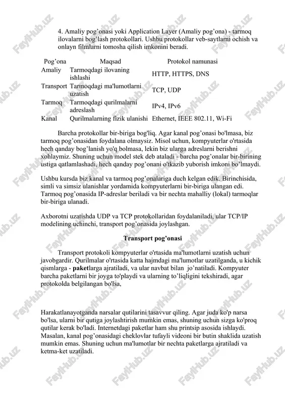 . transport pog’onasi yoki transport layer (transport pog’onasi) - axborotni uzatish protokollari. internetda tcp va udp protokollari ushbu pog’onada ishlatiladi, biz ushbu darsda ko'rib chiqamiz 4. amaliy pog’onasi yoki application layer (amaliy pog’ona) - tarmoq ilovalarni bog’lash protokollari. ushbu protokollar veb-saytlarni ochish va onlayn filmlarni tomosha qilish imkonini beradi. pog’ona maqsad protokol namunasi amaliy tarmoqdagi ilovaning ishlashi http, https, dns transport tarmoqdagi ma'lumotlarni uzatish tcp, udp tarmoq tarmoqdagi qurilmalarni adreslash ipv4, ipv6 kanal qurilmalarning fizik ulanishi ethernet, ieee 802.11, wi-fi barcha protokollar bir-biriga bog'liq. agar kanal pog’onasi bo'lmasa, biz tarmoq pog’onasidan foydalana olmaysiz. misol uchun, kompyuterlar o'rtasida hech qanday bog’lanish yo'q bolmasa, lekin biz ularga adreslarni berishni xohlaymiz. shuning uchun model stek deb ataladi - barcha pog’onalar bir-birining ustiga qatlamlashadi, hech qanday pog’onani o'tkazib yuborish imkoni bo’lmaydi. ushbu kursda biz kanal va tarmoq pog’onalariga duch kelgan edik. birinchisida, simli va simsiz ulanishlar yordamida kompyuterlarni bir-biriga ulangan edi. tarmoq pog’onasida ip-adreslar …