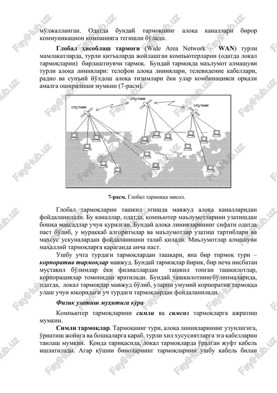 tariqasida, simsiz texnologiyalar (odatda wifi, bluetooth) asosida yaratiladi. xududiy yoki shahar tarmoqlari (metropolitan area network – man) nisbatan yaqinda paydo bo'ldi. ular yirik shahar xududiga – megalopolisga xizmat qilish uchun mo'ljallangan. xududiy tarmoqlar lokal va global tarmoqlar orasidan joy olgan bo'lib, ular raqamli magistral aloqa liniyalaridan, ko'pincha optik-tolali aloqa liniyalaridan foydalanib, 45 mbit/s atrofidagi tezlikka egadir va lokal tarmoqlarni shahar miqyosida ulash, keyinchalik lokal tarmoqlarni global tarmoqlarga ulash uchun mo'ljallangan. odatda bunday tarmoqning aloqa kanallari biror kommunikatsion kompaniyaga tegishli bo'ladi. global hisoblash tarmog'i (wide area network – wan) turli mamlakatlarda, turli qit'alarda joylashgan kompyuterlarni (odatda lokal tarmoqlarni) birlashtiuvchi tarmoq. bunday tarmoqda ma'lumot almashuvi turli aloqa liniyalari: telefon aloqa liniyalari, televidenie kabellari, radio va sun'iy yo'ldosh aloqa tizimlari yoki ular kombinatsiyasi orqali amalga oshirilishi mumkin (7‑rasm). 7-rasm. global tarmoqqa misol. global tarmoqlarni tashkil etishda mavjud aloqa kanallaridan foydalaniladi. bu kanallar, odatda, kompyuter ma'lumotlarini uzatishdan boshqa maqsadlar uchun qurilgan. bunday aloqa liniyalarining …
