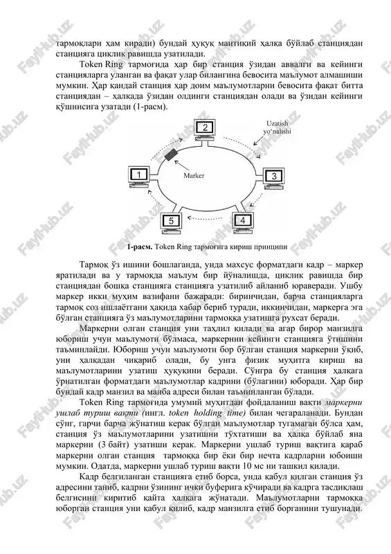 dilar. umumiy muhitga kirish uchun markerlar usuli marekrlar yordamida umumiy muhitga kirish usulini qo'llovchi tarmoqlarda (bunday tarmoqlarga token ring tarmoqlaridan tashqari fddi tarmoqlari ham kiradi) bunday huquq mantiqiy halqa bo'ylab stantsiyadan stantsiyaga tsiklik ravishda uzatiladi. token ring tarmog'ida har bir stantsiya o'zidan avvalgi va keyingi stantsiyalarga ulangan va faqat ular bilangina bevosita ma'lumot almashishi mumkin. har qanday stantsiya har doim ma'lumotlarni bevosita faqat bitta stantsiyadan – halqada o'zidan oldingi stantsiyadan oladi va o'zidan keyingi qo'shnisiga uzatadi (1‑rasm). 1‑rasm. token ring tarmog'iga kirish printsipi tarmoq o'z ishini boshlaganda, unda maxsus formatdagi kadr – marker yaratiladi va u tarmoqda ma'lum bir yo'nalishda, tsiklik ravishda bir stantsiyadan boshqa stantsiyaga stantsiyaga uzatilib aylanib yuraveradi. ushbu marker ikki muhim vazifani bajaradi: birinchidan, barcha stantsiyalarga tarmoq soz ishlayotgani haqida xabar berib turadi, ikkinchidan, markerga ega bo'lgan stantsiyaga o'z ma'lumotlarini tarmoqqa uzatishga ruxsat beradi. markerni olgan stantsiya uni tahlil qiladi va agar biror manzilga yuborish uchun ma'lumoti …