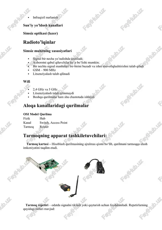 · har ikkala holda ham qabul qilgan signalni lan orqali kompyuterlarga uzatadi. · switchlar hublardan farqli qabul qilingan signalni barcha chiquvchi portlarga emas balki paketda manzili keltirilgan portga uzatadi. arp arp-adress resolution protocol manzilni aniqlash degan ma’noni anglatadi. mac manzillarni aniqlash va keyin ularni ip manzilga yo’nlatirish uchun mo’ljallangan. hub, bridge, asic, switch · hub (arp) · bridge · switch · asic · cam table · stackwise · switchdagi cam table cheklangan; · mac – media access control; · mac 48 bitdan tashkil topgan bo’ladi; · mac table = cam table; · switch qurilmasi ip addressni bilmaydi, u faqat mac addresslar bilan ishlaydi; · l3 switchlari aqlli hisoblanadi, ip addresslar bilan ishlay oladi; routerlar yuqorida keltirilgan tarmoq qurilmalariga qaraganda murakkab tuzilishga ega qurilma bo‘lib, osi sathining tarmoq sathida ishlaydi. · router qabul qilingan ma’lumotlarni tarmoq sathiga tegishli manzillarga ko‘ra (ip manzil) uzatadi. · bundan tashqari routerlar qabul qilingan paketlarni uzatishda …