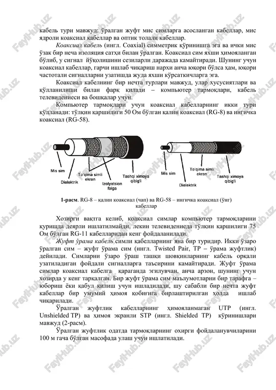 oaksial kabellar va optik tolali kabellar. koaksial kabel (ingl. coaxial) simmetrik qo'rinishga ega va ichki mis o'zak bir necha izolyatsiya sathi bilan o'ralgan. koaksial sim yaxshi himoyalangan bo'lib, u signal yo'qolishini sezilarli darajada kamaytiradi. shuning uchun koaksial kabellar, garchi ishlab chiqarish narxi ancha yuqori bo'lsa ham, yuqori chastotali signallarni uzatishda juda yaxshi ko'rsatkichlarga ega. koaksial kabelning bir nechta turlari mavjud, ular xususiyatlari va qo'llanilishi bilan farq qiladi ‒ kompyuter tarmoqlari, kabel televideniesi va boshqalar uchun. kompyuter tarmoqlari uchun koaksial kabellarning ikki turi qo'llanadi: to'lqin qarshiligi 50 om bo'lgan qalin koaksial (rg-8) va ingichka koaksial (rg-58). 1-rasm. rg-8 – qalin koaksial (chap) va rg-58 – ingichka koaksial (o'ng) kabellar xozirgi vaqtga kelib, koaksial simlar kompyuter tarmoqlarini qurishda deyarli ishlatilmaydi, lekin televidenieda to'lqin qarshiligi 75 om bo'lgan rg-11 kabellaridan keng foydalaniladi. juft o'rama kabel simli qabellarning yana bir turidir. ikki o'zaro o'ralgan sim – juft o'rama sim (ingl. twisted pair, tp ‒ …