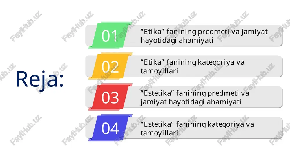 i insoniy xatti- harakatlarning majmui. odob - inson haqida yoqimli taassurot uyg‘otadigan, lekin jamoa, jamiyat va insoniyat hayotida burilish yasaydigan darajada muhim ahamiyatga ega bo‘lmaydigan, milliy urf-odatlarga asoslangan chiroyli xatti-harakatlarni o‘z ichiga oladi. umumiy etika nazariyasi, tarixiy etika, qadriyatlar etikasi, kasb etikasi va axloqiy tarbiya nazariyasi kabi tarkibiy qismlardan tashkil topgan. axloqiy tarbiya nazariyasi umumiy etika nazariyasi qadriyatlar etikasi tarixiy etika kasb etikasi bioetika etika fani tarkibiy qismlari etika nazariyasi axloqning tabiati, mohiyati, xususiyati, tarkibiy qismlari, jamiyat taraqqiyotida tutgan o‘rnini o‘rganadi. tarixiy etika axloqning kelib chiqishini, uning tarixiy taraqqiyot qonunlarini, har xil nazariyalarning tarixdagi o‘rni, rivojlanish bosqichlari va tamoyillarini tadqiq etadi. qadriyatlar etikasi axloqiy meyorlarni axloqiy meros sifatida shakllanishi hamda avloddan-avlodga o‘tib kelayotgan axloqiy qadriyatlar tizimini o‘rganadi. kasb etikasi har bir kasb-hunarga xos axloqiy (norma) meyor, (prinsip) tamoyillar va sifatlarni o‘rganadi va hayotga tatbiq etadi. axloqiy tarbiya nazariyasi axloqning jamiyat talabi, ehtiyoji va manfaatlaridan kelib chiqqan holda uni hayotga tatbiq …
