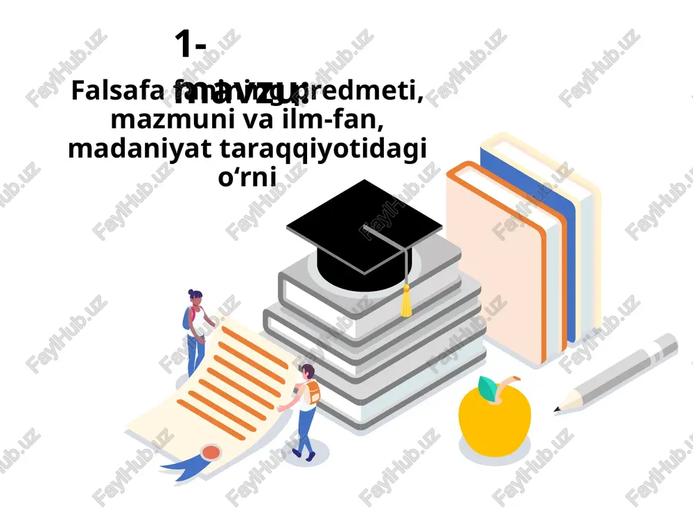 azariy jihatlar bilan cheklanib qolmaydi, balki hayotning ko'plab sohalariga, jumladan siyosat, axloq, fan, san'at va dinga ta'sir qiladi. falsafa quyidagi savollar bilan shug'ullanadi: haqiqatning mohiyati nima? bilimning kelib chiqishi va tabiati nimadan iborat? qadriyatlar va axloqiy me'yorlar qanday? falsafaning predmeti inson o‘z qiziqishi obyekti haqida muayyan tasavvur hosil qilish maqsadida savol berishga asos bo‘lishi mumkin bo‘lgan hamma narsa falsafaning predmetidir falsafaning asosiy funksiyalari dunyoqarashni shakllantirish gnoseologik-bilish metodologik integrativ madaniy aksiologik axloqiy tarbiyaviy dunyoqarashning mohiyati, tuzilishi va funksiyalari dunyoqarash – insonning o‘zini qurshagan borliqqa va o‘z-o‘ziga nisbatan yondashuvlar tizimi, shuningdek uning mazkur yondashuvlar bilan belgilangan hayotiy ideallari, e’tiqodlari, bilish va faoliyat tamoyillari, qadriyat va mo‘ljallaridir dunyoqarashning tuzilishi dunyoni sezish dunyoni idrok etish dunyoni tushunish dunyoqarash bajaradigan funksiyalar: c b a bilish; qadriyatlarga munosabat; xulq-atvorni belgilash. shubha dunyoqarashning muhim elementi bo‘lib, u insonni dogmatizm, yani biryoqlama, notanqidiy fikrlash, u yoki bu qoidani shak-shubhasiz haqiqat deb qabul qilishdan asraydi. dogmatizmning qarama-karshisi skeptitsizm bo‘lib, …