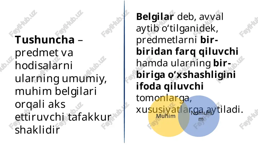 tadi. masalan, “fan” tushunchasining mazmunini fanning muhim belgilari, ya’ni uning amaliyot bilan aloqada ekanligi, predmetlarning birorta sohasiga oid tushunchalar, qonunlar, prinsiplar shaklidagi obyektiv chin (haqiqiy) bilimlar tizimidan iborat bo‘lishi, dunyoqarashning shakllanishida ishtirok qilishi va shu kabilar tashkil qiladi. hajmiga ko‘ra, yakka va umumiy tushunchalar farq qilinadi. yakka tushunchaning hajmida bitta predmet fikr qilinadi. masalan, “mars planetasi”, “o‘zmu asosiy kutubxonasi” va shu kabilar yakka tushunchalardir. umumiy tushunchalar predmetlar guruhini aks ettiradi. “planeta”, “kutubxona” tushunchalari umumiy tushunchalar hisoblanadi. umumiy tushunchalar aks ettiruvchi predmetlarning miqdori chegaralangan va chegaralanmagan bo‘lishi mumkin. masalan, “kimyoviy element” tushunchasida fikr qilinayotgan predmetlar soni chegaralangan. “yulduz” tushunchasi hajmini tashkil qiluvchi predmetlar soni esa cheksiz. fikr yuritish jarayonida ayiruvchi va to‘plovchi tushunchalarni farq qilish ham muhim ahamiyatga ega. ayiruvchi tushuncha shunday umumiy tushunchaki, u aks ettiruvchi belgilar berilgan sinfning har bir predmetiga xosdir.to‘plovchi tushuncha ham umumiy tushuncha bo‘lib, u aks ettirgan belgilar shu umumiylikni tashkil etuvchi har bir predmetga taalluqli …