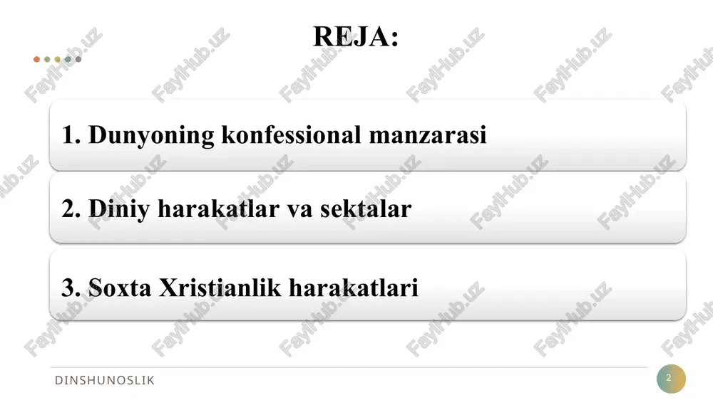 ini tushunish, uning inson va jamiyat hayotidagi o‘rnini anglashga bo‘lgan e'tiborning kuchayishini keltirib chiqarmoqda. dinga bo‘lgan qiziqishning kuchayishi bugungi kunda kishilik jamiyati oldida turgan muammolar, insonning ularni hal qilish yo‘llari haqidagi o‘y- izlanishlari, dunyoviy va diniy qadriyatlar uyg‘unligini ta'minlagan holda bugungi kunning og‘ir va murakkab savollariga to‘laqonli javob topishga intilishi bilan bog‘liq dinshunoslik 10 dunyoning konfessional manzarasi yangi diniy harakatlar (yadh) deganda odatda xx asrning 70-yillarida yevropa va aqshda tarqalgan noan'anaviy diniy guruhlar va oqimlar nazarda tutiladi. tadqiqotchilar bunga an'anaviy dinlardagi inqiroz davri sabab bo‘lganligini ta'kidlaydilar. yadh liderlari jamiyat kayfiyatidagi o‘zgarishlarni, bu “o‘tkinchi dunyo”ning nuqsonlarini fosh qilib, o‘zlarini “xaloskor”, yuksak axloqli “haqiqatgo‘y” sifatida ko‘rsatdilar. yadh ilinadilar. to‘riga ko‘proq yoshlar dinshunoslik 10 yadh qat'iy ta'limotga ega bo‘lmagan tashkilot bo‘lib, uning faoliyati lider roli bilan belgilanadi. dinshunoslik 10 liderlar an'anaviy diniy qadriyatlarga qarshi tashviqot ishlarini olib boradilar. diniy hayot maxsus ishlab chiqilgan tartib qoida va nizomlar orqali amalga oshiriladi. yadhning ba'zilari dunyoning …