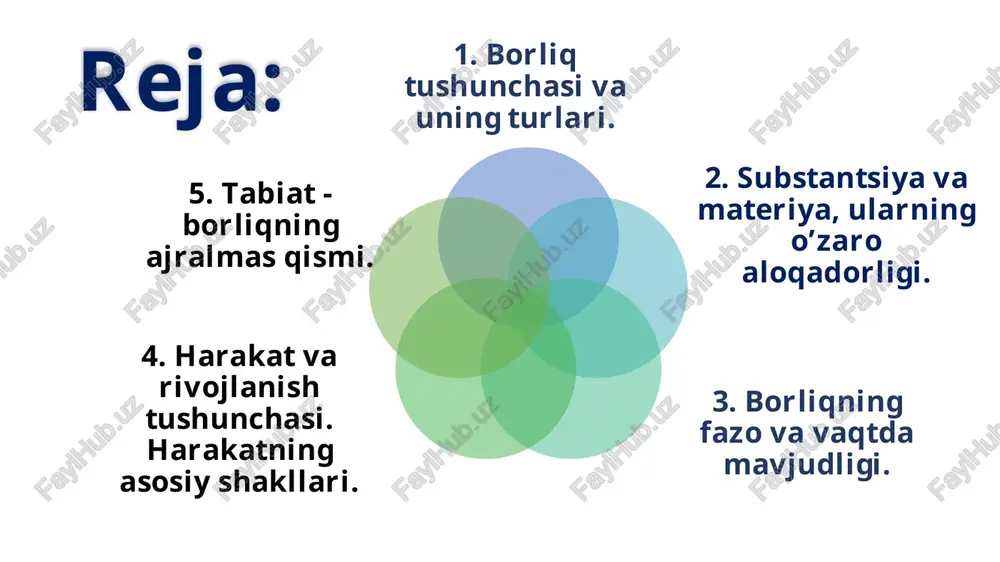 nofan yer va suv platon g‘oya sharq mutafakkirlarini fikricha, borliq forobiyning fikricha “vujudi vojib” barcha mavjud yoki paydo bo‘lishi mumkin bo‘lgan narsalarning birinchi sababi “vujudi mumkin” esa doimo o‘zgarishda, ziddiyatli munosabatlarda bo‘lib, unda barcha narsalar oddiydan murakkabga, tartibsizlikdan tartiblilikka qarab harakat qiladi ibn sino fikricha borliqning asosi “vujudi vojib” ya’ni ollohdir. vujudi vojib bu birinchi mohiyat. uning mavjudligi sababini boshqa narsalardan qidirish noo‘rin. chunki birinchi sabab uning natijasi bo‘lgan xilma xil jarayonlarning mohiyatiga bog‘liq bo‘la olmaydi modda (al-modda) shakl (as-surat); jon (an-nafs); faol aql (al-aql al-faol); (sababi - soniy) - samoviy jismlar borlig'i; (sababi-avval) - xudo; 6-sabab 5-sabab 4-sabab 3-sabab 2-sabab 1-ilk sabab abu nasr forobiy yagona borliqni 6 bosqichdan iborat deb hisoblagan: substansiyaning o‘ziga xos xususiyatlari o‘z-o‘zining sababchisi hisoblanadi, uni yaratib va yo‘q qilib bo‘lmaydi hech narsaga bog‘liq bo‘lmagan, barqaror, o‘zgarmas va mutlaq birinchi negizni ifodalaydi birinchi negizning yagonaligini nazarda tutadi mohiyat va mavjudlikning birligini ko‘rsatadi barcha hodisalarning umumiy …