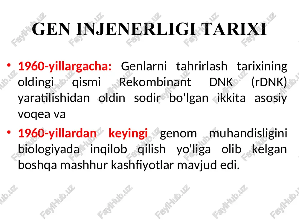 ea victoria osamu shimomura bu yutuq genetika sohasi uchun nihoyatda muhim edi, chunki gfp genini plazmidda maqsadli boshqa gen bilan birlashtirish orqali olimlar qaysi hujayra maqsadli genini ifodalashini aniqlashlari mumkin. 2008 yilda uch tadqiqotchi birgalikda yashil lyuminestsent oqsilni kashf etganliklari va rivojlanishi uchun kimyo bo'yicha nobel mukofotiga sazovor bo'lishdi. 1967: dnk ligatsiyasi dnk fragmentlarini bir-biriga bog'laydi dnk ligazalarining kashfiyoti molekulyar biologiyada hal qiluvchi nuqta hisoblanadi, chunki ular barcha organizmlarda dnkning tiklanishi va replikatsiyasi uchun zarurdir. bu 1960-yillar va 1970-yillarning boshlarida gellert, leman, richardson va xurvits laboratoriyalarining birgalikdagi sa'y-harakatlari natijasida rekombinant dnkni yaratishga olib kelgan boshqa "splaysing" tajribalari uchun yo'l ochishga yordam berdi. 1968 yil: kesuvchi fermentlarning kashfiyoti w. arberning faraziga ko'ra, bakterial hujayralar ikki turdagi fermentlarni ishlab chiqaradi: biri begona dnkni identifikatsiyalash va kesishga qodir bo'lgan “kesuvchi" fermenti va xo’jayin dnksini taniydigan va uni parchalanishdan himoya qiluvchi "modifikatsiya" fermenti. bu gipoteza e. coli dan ikkita ferment ajratib olingan tajribada isbotlangan. …