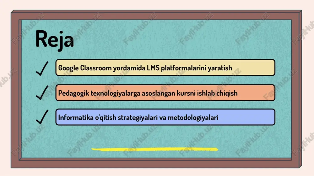 uchun. google classroomning pedagogik imkoniyatlari google classroom ta'lim jarayonida pedagogik strategiyalarni amalga oshirish uchun kuchli platforma hisoblanadi. bu platforma o'qituvchilarga darslarni boshqarish, talabalar bilan aloqa o'rnatish va o'quv jarayonini samarali ravishda tashkil etish imkonini beradi. interaktivlikni oshirish uchun quyidagi usullarni qo'llash mumkin: - talabalar uchun onlayn muhokamalar o'rnatish. - video va audio materiallar orqali darslarni yanada qiziqarli qilish. - virtual guruh ishlarini tashkil etish. - o'qituvchilar va talabalar o'rtasida tezkor fikr almashish imkoniyatlarini yaratish. talabalar o'rtasida o'zaro hamkorlik va muloqotni rivojlantirish uchun google classroom foydalanuvchilarga quyidagi imkoniyatlarni taqdim etadi: talabalarga bir-biriga yordam berish, fikr almashish va o'zaro fikrlarini bildirishga imkon yaratish. bu jarayon o'quvchilarning o'z-o'zini o'rganish qobiliyatini oshiradi va ularga ko'proq mustaqil fikrlash imkonini beradi. pedagogik texnologiyalar asosida kursni ishlab chiqish pedagogik texnologiyalar: ta'rifi va ahamiyati. pedagogik texnologiyalar – bu ta'lim jarayonini samarali tashkil etish va boshqarish uchun mo'ljallangan usullar va strategiyalar to'plamidir. ular o'quvchilarni jalb qilish, ularning faoliyatini yaxshilash …