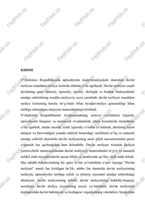 kil etish mexanizmlari, davlat krediti va davlat qarzlarini boshqarish masalalari, ijtimoiy-iqtisodiy sohalar taraqqiyotida davlat moliyasining ahamiyatini oshirish kabi masalalar qamrab olingan. davlat moliyasining mazmuni bevosita davlatning ijtimoiy-iqtisodiy funksiya va majburiyatlaridan kelib chiqadi. davlatning ijtimoiy-iqtisodiy siyosati tadbirlarini, ijtimoiy soha va tarmoqlarni moliyaviy mablag‘lar bilan ta’minlashda davlat moliyaviy resurslari asosiy moliyaviy manba bo‘lib xizmat qiladi. davlat moliyasini boshqarish va taribga solishda, ijtimoiy barqarorlikni ta’minlashda, har bir davrning ustuvor taraqqiyot vazifalarini muvaffaqiyatli bajarishda davlatning boshqa iqtisodiy dastaklari qatori, davlat moliyasi ham muhim ahamiyat kasb etadi, bu vazifalarning samarali ijrosi davlat moliyasi amal qilishining tegishli mexanizmlarini ishlab chiqish va amalda qo‘llash bilan ta’minlanadi. moliyaviy tizim “davlat moliyasi va mahalliy moliya” sohasining alohida bo‘g‘ini sifatida davlat byudjeti o‘z ichiga quyidagilarni oladi: • respublika byudjeti; • qoraqalpog‘iston respublikasi byudjeti va mahalliy byudjetlar. o‘z navbatida, qoraqalpog‘iston respublikasi byudjeti qoraqalpog‘iston respublikasining respublika byudjeti hamda qoraqalpog‘iston respublikasiga bo‘ysunuvchi tumanlar va shaharlar byudjetlaridan tarkib topadi. viloyatning byudjeti esa viloyat byudjetini …
