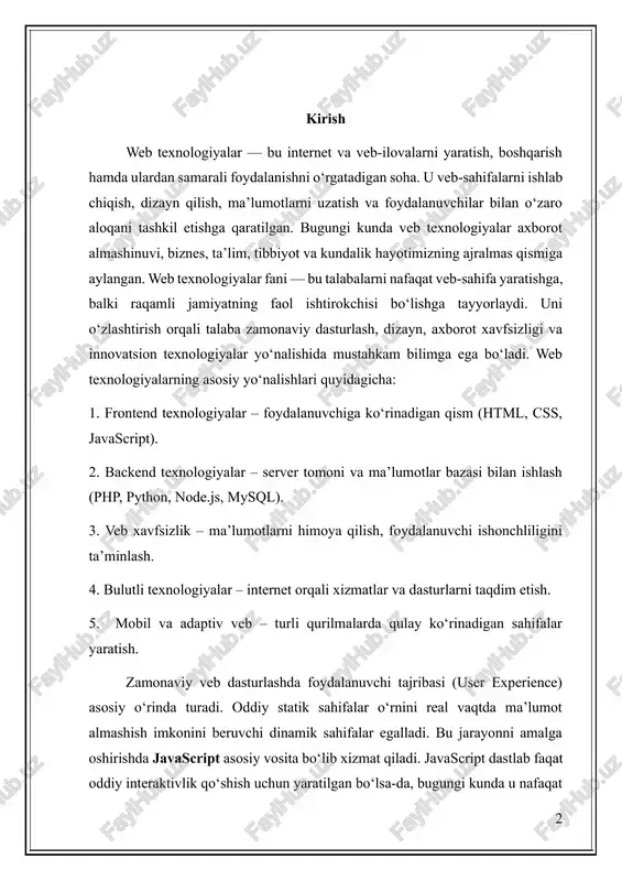 osiy o‘rinda turadi. oddiy statik sahifalar o‘rnini real vaqtda ma’lumot almashish imkonini beruvchi dinamik sahifalar egalladi. bu jarayonni amalga oshirishda javascript asosiy vosita bo‘lib xizmat qiladi. javascript dastlab faqat oddiy interaktivlik qo‘shish uchun yaratilgan bo‘lsa-da, bugungi kunda u nafaqat brauzer, balki server va mobil platformalarda ham keng qo‘llanmoqda. real vaqt rejimida ishlash imkoniyati foydalanuvchiga sahifani qayta yuklamasdan yangi ma’lumotni olish, boshqa foydalanuvchilar bilan muloqot qilish yoki serverdagi jarayonlarni kuzatib borish imkonini beradi. masalan, chat dasturlari, onlayn o‘yinlar, aksiyalar kursi, ob-havo prognozi yoki transport monitoringi kabi loyihalar javascript va unga tegishli texnologiyalar yordamida amalga oshiriladi. shu bois ushbu kurs ishining asosiy maqsadi — javascriptning real vaqtda ishlash imkoniyatlarini ko‘rsatish, amaliy qo‘llanish sohalarini o‘rganish va misollar asosida tahlil qilishdan iborat. bugungi kunda mamlakatimizda raqamli iqtisodiyotni rivojlantirish, web texnologiyalarni keng joriy etish va yoshlarni ushbu sohada yetuk mutaxassis sifatida shakllantirishga alohida e’tibor qaratilmoqda. o‘zbekiston respublikasi prezidenti tomonidan qator muhim tashabbuslar ilgari surilib, normativ-huquqiy …