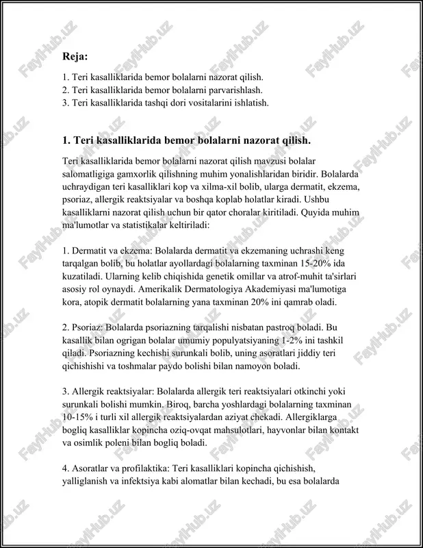ovqat mahsulotlari, hayvonlar bilan kontakt va osimlik poleni bilan bogliq boladi. 4. asoratlar va profilaktika: teri kasalliklari kopincha qichishish, yalliglanish va infektsiya kabi alomatlar bilan kechadi, bu esa bolalarda ehtiyotkor qarashni talab qiladi. bolalar terisini toza tutish, gigiena qoidalariga rioya qilish va allergik omillarni aniqlash va bartaraf etish muhimdir. yuzaga kelgan teri kasalliklari uchun dermatolog mutaxassislar bilan boglanish kerak. 5. davolash usullari: bolalardagi teri kasalliklarini davolashda bir necha usullar ishlatiladi. ularga antigistamin preparatlar, kortikosteroidlar va mahalliy qollaniladigan malhamlar kiradi. zararli alomatlarni yoqotish va asoratlarni oldini olish uchun individual davolash rejalari tanlanadi. 6. statistik malumotlar va tahlillar: jahon sogliqni saqlash tashkiloti va milliy sogliqni saqlash instituti ma'lumotlariga kora, bolalarda teri kasalliklarining 60% i vaqtida oz vaqtida aniqlangan va togri davolash qilinganida muvaffaqiyatli reabilitatsiyaga erishish mumkin. shu bilan birga, oz vaqtida oldini olish choralari korilmagan holatlarda kelgusida jiddiy asoratlar yuzaga kelishi mumkin. 7. tibbiy va ilmiy tadqiqotlar: songgi tadqiqotlar bolalardagi teri kasalliklarining …