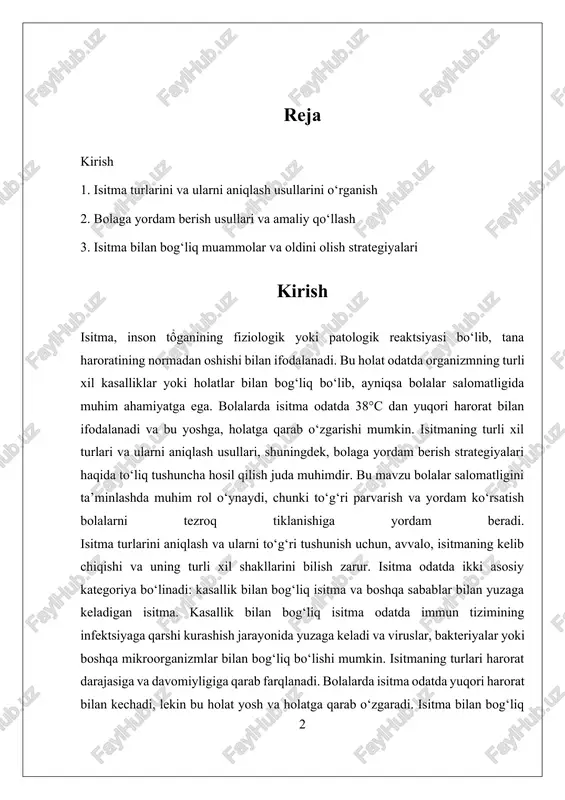 atlashdir. bu jarayonda, avvalo, bolani quruq va havoni yaxshi o‘tkazadigan joyda saqlash, yengil va nafas oladigan kiyimlar kiyish, va ko‘p suyuqlik ichirish juda muhimdir. suyuqliklar, ayniqsa, suv, meva sharbatlari yoki bolaga mos keladigan boshqa ichimliklar, tana suyuqliklarini tiklashga yordam beradi va isitmaning pasayishiga xizmat qiladi. agar isitma yuqori yoki uzoq davom etadigan bo‘lsa, shifokorga murojaat qilish va dori vositalarini belgilash zarur bo‘ladi. ba‘zan, paracetamol yoki ibuprofen kabi antipiretik dorilar bolalarga isitmani kamaytirishga yordam beradi, lekin ularni dozasi va qo‘llash usuliga e‘tibor berish lozim. isitma bilan bog‘liq muammolarni oldini olish uchun, bolalarning immun tizimini mustahkamlash, gigiena qoidalariga rioya qilish va infeksiyalarga qarshi profilaktika choralari muhimdir. shu bilan birga, isitma bilan bog‘liq muammolarni aniqlash va yordam berishda, pediatr yoki mutaxassis bilan maslahatlashish tavsiya etiladi. bu yordamlar bolalar uchun xavfsiz va samarali bo‘lib, ularning tezroq tiklanishiga yordam beradi. bu mavzu bolalar salomatligini ta‘minlashda muhim ahamiyatga ega bo‘lib, ota-onalar va parvarishchilar uchun zarur bilimlarni …