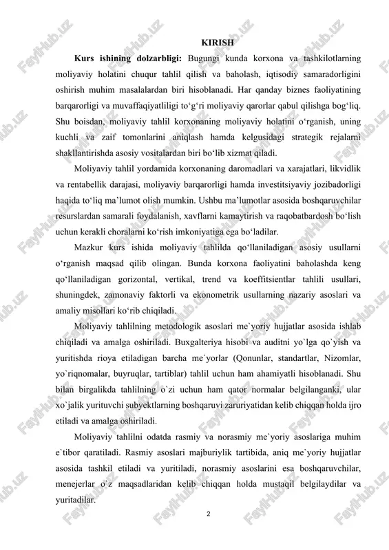 va amalga oshiriladi. buxgalteriya hisobi va auditni yo`lga qo`yish va yuritishda rioya etiladigan barcha me`yorlar (qonunlar, standartlar, nizomlar, yo`riqnomalar, buyruqlar, tartiblar) tahlil uchun ham ahamiyatli hisoblanadi. shu bilan birgalikda tahlilning o`zi uchun ham qator normalar belgilanganki, ular xo`jalik yurituvchi subyektlarning boshqaruvi zaruriyatidan kelib chiqqan holda ijro etiladi va amalga oshiriladi. moliyaviy tahlilni odatda rasmiy va norasmiy me`yoriy asoslariga muhim e`tibor qaratiladi. rasmiy asoslari majburiylik tartibida, aniq me`yoriy hujjatlar asosida tashkil etiladi va yuritiladi, norasmiy asoslarini esa boshqaruvchilar, menejerlar o`z maqsadlaridan kelib chiqqan holda mustaqil belgilaydilar va yuritadilar. kurs ishining maqsadi — moliyaviy tahlil usullarini tushuntirish, ularning mohiyati va ahamiyatini yoritish, shuningdek, ushbu usullarni amaliyotda qanday qilib samarali qo‘llash mumkinligini ko‘rsatishdir. kurs ishining vazifasi: ushbu ish quyidagi vazifalarni hal qilishni ko‘zda tutadi: 1. moliyaviy tahlilning nazariy asoslarini tahlil qilish va uning ahamiyatini aniqlash. 2. gorizontal, vertikal, trend va koeffitsient tahlili usullarini o‘rganish. 3. faktorli va ekonometrik tahlil usullarining mohiyati va ulardan …