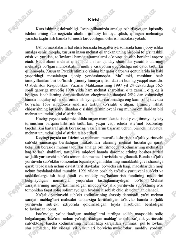 vaqt ichida iste’mol bozoridagi taqchillikni bartaraf qilish borasidagi vazifalarini bajarish uchun, birinchi navbatda, mehnat unumdorligini o’stirish talab etiladi. keyingi paytda tarif tizimi va mehnatni muvofiqlashtirish, xo’jalik yurituvchi sub’ekt jamoasiga beriladigan mukofotlari ularning mehnat hissalariga qarab belgilash borasida muhim tadbirlar amalga oshirilmoqda. xodimlarning mehnatiga haq to’lash shakllari, tartibi va miqdori hamda daromadlarining boshqa turlari xo’jalik yurituvchi sub’ekt tomonidan mustaqil ravishda belgilanadi. bunda xo’jalik yurituvchi sub’ektlar tomonidan bajarilayotgan ishlarning murakkabligi va sharoitga qarab tabaqalash uchun davlat tarif stavkalari bo’yicha ish haqi, maoshlaridan mojl uchun foydalanishlari mumkin. 1991 yildan boshlab xo’jalik yurituvchi sub’ekt va tashkilotlarga ish haqi fondi va moddiy rag’batlantirish fondining miqdorini belgilaydigan nomativlar yuqoridan tasdiqlanmaydigan bo’ldi. mehnat xarajatlarining me’yorlashtiriladigan miqdori xo’jalik yurituvchi sub’ektning o’zi tomonidan faqat soliq solinmaydigan foydani hisoblab chiqish uchun aniqlanadi. xo’jalik yurituvchi sub’ekt xodimlarining shaxsiy daromadi, ya’ni mehnat xarajati mablag’lari mahsulot tannarxiga kiritiladigan to’lovlar hamda xo’jalik yurituvchi sub’ekt ixtiyorida qoldiriladigan foyda hisobidan beriladigan to’lovlardan iborat. iste’molga yo’naltiradigan mablag’larni …