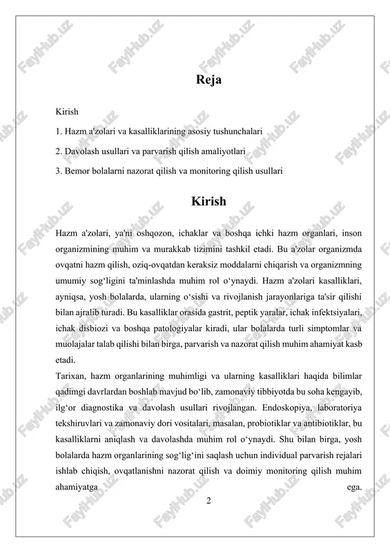 iklarini erta aniqlashdagi cheklovlar, uzoq muddatli nazoratning qiyinchiliklari va individual yondashuvlarning yetishmasligi muhim muammo bo‘lib qolmoqda. bu muammolarni hal qilish uchun zamonaviy texnologiyalarni keng joriy etish va ilmiy izlanishlarni davom ettirish zarur. bolaning sog‘liqni saqlash tizimiga ta’siri va umumiy rivojlanishiga ta’sir qiluvchi bu muammolarni hal etish uchun parvarish va nazorat qilish choralari katta ahamiyat kasb etadi. statistik ma’lumotlar, yosh bolalarda gastroenteritlar va ichak disbiozi keng tarqalganligini va ularning sog‘liqni saqlash tizimiga yuklamasini ko‘rsatadi. bu muammolarni bartaraf etish uchun, bemor bolalarni to‘g‘ri parvarish qilish, ovqatlanishni nazorat qilish va davolash tartiblarini individual yondashuv asosida tashkil etish muhimdir. ushbu tadqiqotning asosiy maqsadi, hazm a'zolari va kasalliklarida bemor bolalarni parvarishlash va nazorat qilishning zamonaviy usullarini o‘rganish va takomillashtirishdir. tadqiqotda, avvalo, hazm a'zolari va ularning kasalliklarining asosiy tushunchalari, davolash usullari va parvarish qilish amaliyotlari o‘rganiladi. shuningdek, bemor bolalarni nazorat qilish va monitoring qilish uchun samarali usullar ishlab chiqiladi. bu sohada olib borilayotgan ilmiy izlanishlar, ayniqsa, …