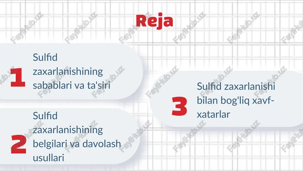 salbiy ta'sir ko'rsatishi mumkin. sulfid zaxarlanishi, asosan, suv resurslariga ta’sir ko‘rsatadi, bu esa ekotizimning muvozanatini buzadi. bu jarayon suvdagi kislorod miqdorini kamaytiradi, natijada suvda yashovchi organizmlar, masalan, baliqlar va boshqa suv hayvonlari uchun xavf tug‘diradi. ekologik ta’siri sulfid zaxarlanishi o‘simliklar va hayvonlarga salbiy ta’sir ko‘rsatadi. o‘simliklar suvni yaxshi singdira olmaydi, bu esa ularning o‘sishiga to‘sqinlik qiladi. hayvonlar esa, bu zaxarlarni iste’mol qilish orqali to‘g‘ridan-to‘g‘ri zarar ko‘rishadi. o‘simliklar va hayvonlar ustida ta’siri sulfid zaxarlanishi ekotizimdagi biodiversitetni kamaytirishi mumkin. bunday muammolarga yechim sifatida suv resurslarini to‘g‘ri boshqarish va ekologik tiklash dasturlarini amalga oshirish kerak. ekologik muammolar va yechimlar ekologik muammolarni hal qilishda jamiyatning roli juda muhimdir. fikr almashish va tajriba o‘rganish orqali muammolarni hal qilish mumkin. jamiyatning roli zararlanishni oldini olish uchun, suvni tozalash texnologiyalarini joriy etish va ekologik ta’lim berish muhim ahamiyatga ega. oldini olish choralari sulfid zaxarlanishining asosiy sabablari sanoat chiqindilari va qishloq xo‘jaligi faoliyatidir. bularni kamaytirish uchun qonunchilikni kuchaytirish …