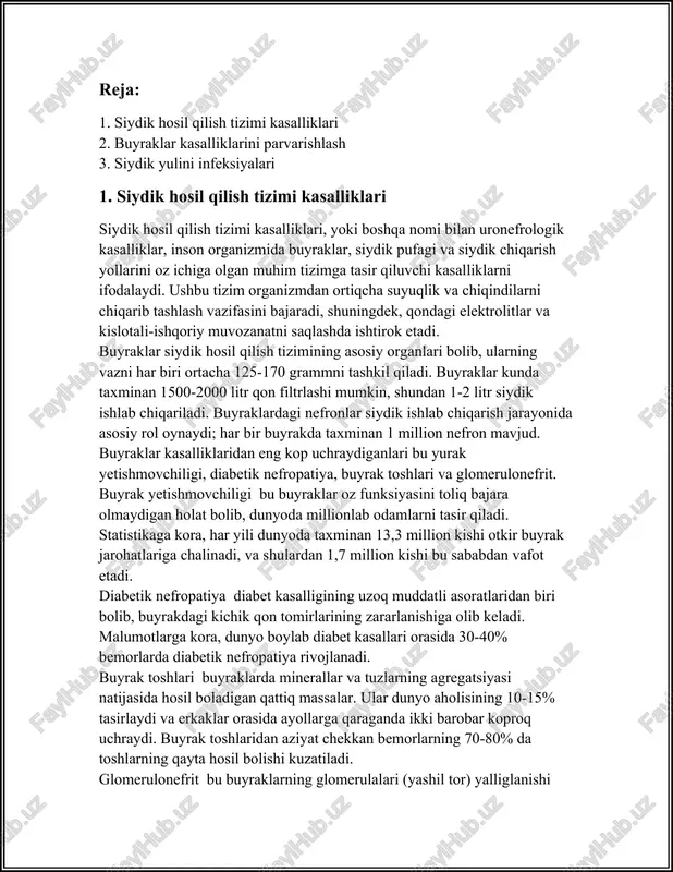 tasirlaydi va erkaklar orasida ayollarga qaraganda ikki barobar koproq uchraydi. buyrak toshlaridan aziyat chekkan bemorlarning 70-80% da toshlarning qayta hosil bolishi kuzatiladi. glomerulonefrit bu buyraklarning glomerulalari (yashil tor) yalliglanishi bilan tavsiflanadi va turli sabablarga kora rivojlanishi mumkin. ushbu kasallik jamiyatning 0.1% ga tasir qilishi mumkin. siydik pufagi kasalliklariga otkir va surunkali sistit kiradi, ularning umumiy tarqalishi ayollar orasida tez-tez kuzatiladi. sistit erkaklar orasida ayollarga nisbatan kamroq uchraydi, lekin bu kasallikning har qanday shakli muhum tashxis va davolashni talab qiladi. uriqlik yollarining infektsiyalari (uyi) dunyo boylab yetakchi infeksion kasalliklar qatoriga kiradi. ayollarda uyi uchraydi va bu kasallik bir umr davomida ayollarni taxminan 50% tasir qiladi. har yili dunyoda taxminan 150 million uyi holatlari qayd etiladi. siydik hosil qilish tizimi kasalliklarini oldini olish va davolash uchun quyidagi choralar koriladi: soglom turmush tarzini saqlash, koproq suv ichish, ratsional ovqatlanish (kam tuzli va shakarli oziq-ovqatlar), muntazam ravishda tibbiy korikdan otish va shifokor korsatmasiga muvofiq …