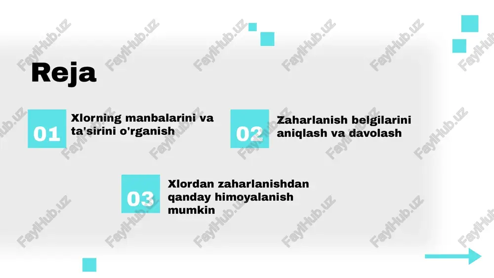 l aynishi va qusish mavjud. bu belgilar odatda zaharlanishdan so'ng darhol yoki bir necha soat ichida paydo bo'lishi mumkin. ba'zi hollarda, masalan, xlor birikmalari bilan zaharlanishda, shifokor nazorati ostida aniqlanadigan belgilar ham mavjud. ushbu belgilarni aniqlash zarur, chunki ular tezda tibbiy yordam ko'rsatishni talab qiladi. photo by victor on unsplash zaharlanishni davolash usullari zaharlanishni davolashda birinchi navbatda zararlangan shaxsni xavfsiz joyga olib chiqish lozim. keyinchalik, zarur bo'lgan davolash usullarini qo'llash, masalan, aktiv ko'mir, intravenoz suyuqliklar va antidotlar mutaxassislar tomonidan tavsiya etiladi. davolashda foydalaniladigan asosiy dori-darmonlar orasida, xususan, natriy tiosulfat va kaltsiy gluconat kabi antidotlar muhim ahamiyatga ega. bu dorilar zaharlarning ta'sirini kamaytirishga yordam beradi. biroq, o'z-o'zini davolash o'rniga, kasalni shifokorga olib borish har doim tavsiya etiladi. photo by adrienguh on unsplash xlordan zaharlanishdan himoyalanish usullari xlordan zaharlanishdan himoyalanish uchun bir qator muhim usullar mavjud: 1. shaxsiy himoya vositalari: xlordan bilan ishlaganda qo'lqop, niqob va himoya kiyimlaridan foydalanish zarur. bu vositalar …