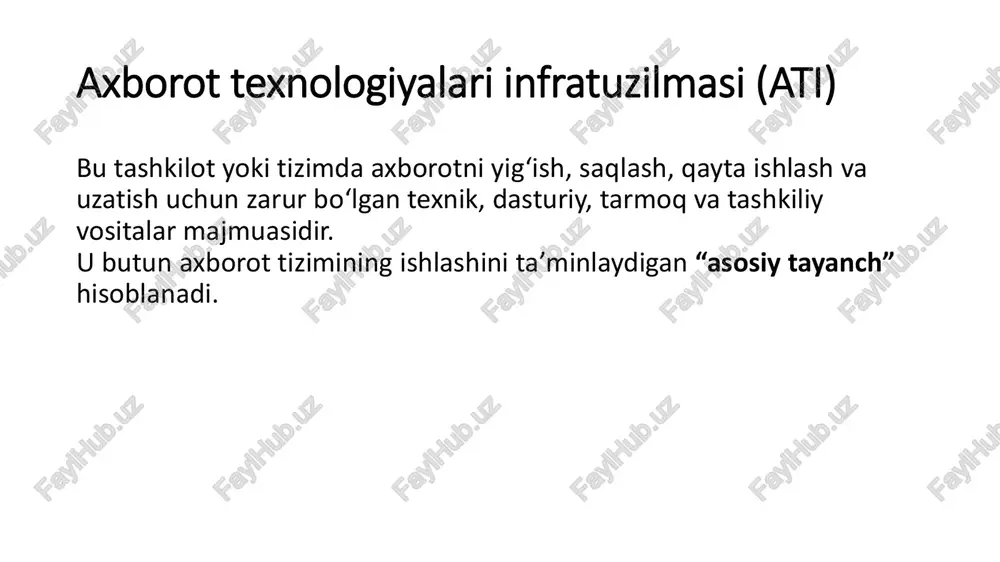 tli hisoblash (cloud computing) • sun’iy intellekt (ai) va big data • internet of things (iot) • kiberxavfsizlik tizimlari • blokcheyn texnologiyalari tizimni boshqarish va monitoring dasturlari dastur nomi tavsif nagios tarmoq va server holatini kuzatish, nosozliklarni aniqlash uchun mo‘ljallangan. zabbix real vaqt rejimida it infratuzilmani monitoring qilish tizimi. solarwinds serverlar, tarmoqlar, ilovalar va ma’lumotlar bazalarini kuzatuvchi kompleks tizim. prometheus + grafana ma’lumotlarni yig‘ish va vizual monitoring paneli sifatida ishlatiladi. bulutli texnologiyalarni boshqaruvchi dasturlar dastur nomi tavsif vmware vsphere virtual serverlar va bulutli infratuzilmani boshqarish tizimi. microsoft azure bulutli xizmatlar (hisoblash, saqlash, tarmoq) platformasi. amazon web services (aws) dunyodagi eng keng qamrovli bulutli infratuzilma platformasi. google cloud platform (gcp) ma’lumotlarni tahlil qilish va saqlash uchun zamonaviy bulutli tizim. ma’lumotlar bazalarini boshqarish tizimlari (dbms) dastur nomi tavsif mysql ochiq manbali ma’lumotlar bazasi boshqaruv tizimi. postgresql kengaytirilgan sql imkoniyatlariga ega professional dbms. microsoft sql server korxona darajasidagi ma’lumotlarni boshqarish tizimi. oracle database …