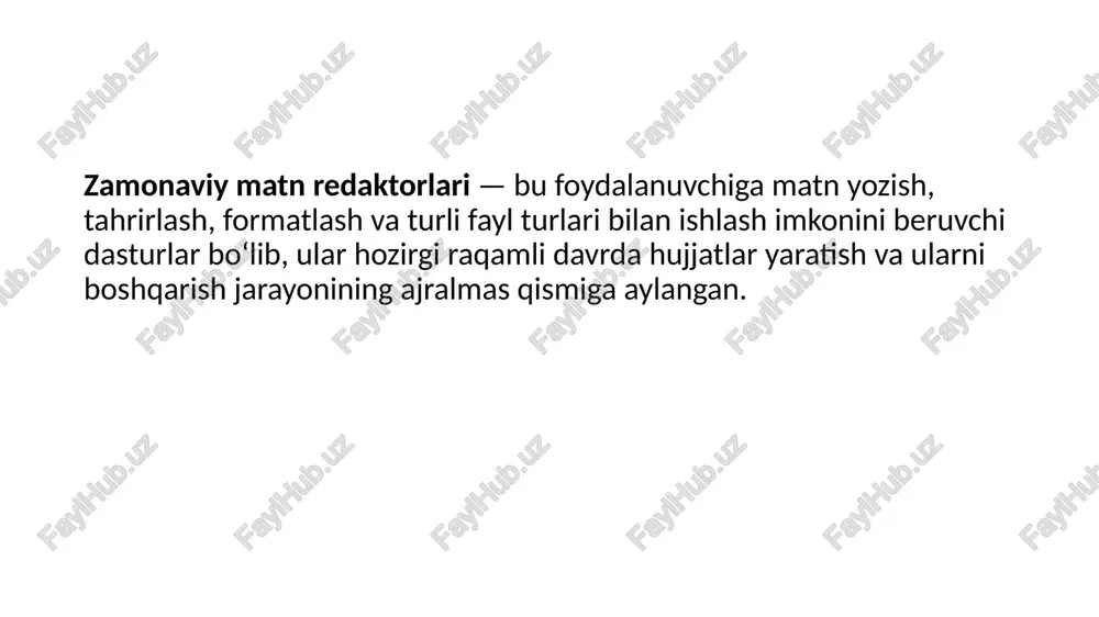 markdown asosida ishlovchi zamonaviy yozuv vositalari. ilmiy yozuvlar, eslatmalar, bloglar uchun qulay. murakkab formatlash imkoniyatlari cheklangan. zamonaviy yo‘nalishlar sun’iy intellekt integratsiyasi: grammatikani avtomatik tuzatish, mazmunni tahlil qilish, qisqartirish (summarization), tarjima qilish (misol: grammarly, word copilot). bulutli va oflayn sinxronizatsiya: fayllar barcha qurilmalarda avtomatik yangilanadi. matn tahlili va statistikasi: so‘z soni, o‘rtacha gap uzunligi, kalit so‘zlar chastotasi va boshqalar. kontekstli tavsiyalar: matnga mos sinonimlar, yozuv uslubi va ohangni tahlil qilish. microsoft word microsoft word — bu matnli hujjatlarni yaratish, tahrirlash, formatlash va chop etish uchun mo‘ljallangan dastur bo‘lib, u microsoft office dasturlar to‘plamining asosiy qismi hisoblanadi. dastur birinchi bor 1983-yilda ishlab chiqilgan va hozirda microsoft 365 (ilgari office 365) bulut tizimiga integratsiyalashgan. word dunyodagi eng mashhur va keng qo‘llaniladigan matn protsessori hisoblanadi. u nafaqat matn tahriri, balki grafika, jadval, diagramma, shakl, rasm, havola va multimedia elementlarini ham qo‘llab-quvvatlaydi. microsoft word dasturining asosiy funksiyalari funksiya nomi tavsifi matn kiritish va tahrirlash matn …