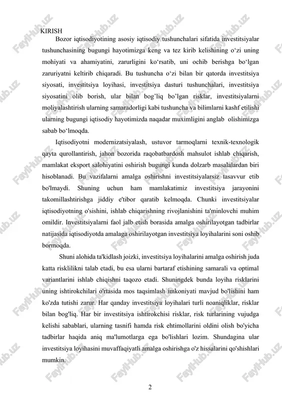 estitsiyalarni faol jalb etish borasida amalga oshirilayotgan tadbirlar natijasida iqtisodiyotda amalaga oshirilayotgan investitsiya loyihalarini soni oshib bormoqda. shuni alohida ta'kidlash joizki, investitsiya loyihalarini amalga oshirish juda katta risklilikni talab etadi, bu esa ularni bartaraf etishining samarali va optimal variantlarini ishlab chiqishni taqozo etadi. shuningdek bunda loyiha risklarini uning ishtirokchilari o'rtasida mos taqsimlash imkoniyati mavjud bo'lishini ham ko'zda tutishi zarur. har qanday investitsiya loyihalari turli noaniqliklar, risklar bilan bog'liq. har bir investitsiya ishtirokchisi risklar, risk turlarining vujudga kelishi sabablari, ularning tasnifi hamda risk ehtimollarini oldini olish bo'yicha tadbirlar haqida aniq ma'lumotlarga ega bo'lishlari lozim. shundagina ular investitsiya loyihasini muvaffaqiyatli amalga oshirishga o'z hissalarini qo'shishlari mumkin. bugungi kunda respublikamizda investitsiya loyihalarini moliyalashtirish, ularni ekspertizadan o'tkazish, risklilik darajasini baholash borasida ko'pgina tajribalar to'plandi. biroq, resurslar bazasining va mamlakatimizda bozor infratuzilmasining hali yaxshi rivojlanmaganligi, amaliyotda ma'muriy aralashuv holatlarining hali ham to'liq barham topib ulgurmaganligi va boshqalar sabab loyiha risklari ortib ketadi. bu esa investitsiyalash …