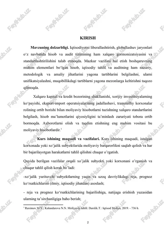 minlash zaruriyati tobora ortib bormoqda. axborotlarni olish va taqdim etishning eng muhim vositasi bu moliyaviy hisobotlardir. kurs ishining maqsadi va vazifalari. kurs ishining maqsadi, istalgan korxonada yoki xo’jalik subyektlarida moliyaviy barqarorlikni saqlab qolish va har bir bajarilayotgan harakatlarni tahlil qilishni chuqur o’rgatish. quyida berilgan vazifalar orqali xo’jalik subyekti yoki korxonani o’rganish va chuqur tahlil qilish kerak bo’ladi: -xo‘jalik yurituvchi subyektlarning yaqin va uzoq davriylikdagi reja, prognoz ko‘rsatkichlarini (ilmiy, iqtisodiy jihatdan) asoslash; - reja va prognoz ko‘rsatkichlarining bajarilishiga, natijaga erishish yuzasidan ularning ta’sirchanligiga baho berish; - xo‘jalik yurituvchi subyekt nazorat qilib turadigan iqtisodiy resurslarga, ularning samaradorligiga baho berish; - faoliyatning iqtisodiy ko‘rsatkichlariga, erishilgan natijalariga baho berish; - xo‘jalik yurituvchi subyektning pul mablag‘larini ko‘paytirish, ularning ko‘payish vaqtini hisob-kitob qilish va natijaga erishishga umid qilishdagi qobiliyatini baholash; - xo‘jalik yurituvchi subyektning likvidligi, to‘lovga qobiliyati, ishlayotgan muhit o‘zgarishlariga munosabat bildira olishini moliyaviy holatga ta’sirini baholash. - iqtisodiy natijaviylikni o‘stirish, faoliyatning tijorat hisobdorligi, daromadlarni orttirish …
