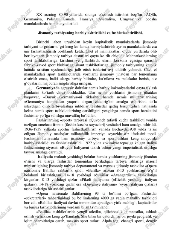 jlanishiga ob’ektiv sabablar ko‘p. ya’ni zavod-fabrikalar, maktablar va boshqa joylarni qurish uchun joylarni band qilish, shaharlarning kengayishi, ekologiyaning buzilishi, ishchi va mehnatkashlar ish vaqtining ko‘payishi, dam olish hamda hordiq chiqarishga imkoniyatlarning kamayishidir. yoshlar o‘rtasida ichish, chekish, bezorilik va tartibsizlikning o‘sishi ham ularga qarshi tadbirlar olib borishni taqozo etdi. yana bir tomoni shundaki, fan-texnika taraqqiyoti va ba’zi kishilarning turmush sharoiti faol harakat qilishdan orqada qolib ketdi. natijada, gipodinamiya hollari rivojlana boshladi. bularning barchasi salomatlikning susayishi va kasalliklarning ko‘payishiga olib keldi. ana shu illatlardan saqlanish yo‘lida jismoniy tarbiyadan foydalanish ishiari shakllandi. xx asrning 80-90-yillarida shunga o‘xshash istirohat bog‘lari aqsh, germaniya, polsha, kanada, fransiya, avstraliya, urugvay va boqsha mamlakatlarda ham bunyod etildi. jismoniy tarbiyaning harbiylashtirilishi va fashistlashtirilishi. birinchi jahon urushidan keyin kapitalistik mamlakatlarda jismoniy tarbiyani to‘gridan-to‘gri keng ko‘lamda harbiylashtirish ayrim mamlakatlarda esa uni fashistlashtirish boshlanib ketdi. chet el mamlakatlari o‘quv yurtlarida olib borilayotgan jismoniy tarbiya dasturlari qayta ko‘rib chiqildi. mehnatkashlarning sport tashkilotlariga kirishini …