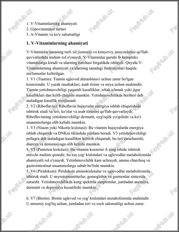 iy sog'liq uchun, jumladan teri va soch salomatligi uchun zarur. yetishmovchilikda soch to'kilishi, teri muammolari va asab tizimining muammolari paydo bo'lishi mumkin. 7. v9 (folat yoki fol kislotasi): folat dnk sintezi va hujayra bo'linishi uchun zarurdir. homiladorlikda fol kislotasi homilaning tug'ma nuqsonlari riskini kamaytiradi. yetishmovchilik megaloblastik anemiya, homila rivojlanishida nuqsonlarga sabab bo'lishi mumkin. 8. v12 (kobalamin): bu vitamin eritrotsitlar shakllanishi va asab to'qimalarining normal ishlashi uchun zarur. v12 yetishmovchiligi megaloblastik anemiya, asab tizimi muammolari va kognitiv funktsiyaning pasayishiga olib kelishi mumkin. v-vitaminlar tabiiy ravishda go'sht, baliq, tuxum, sabzavotlar, donlar va ko'katlarda mavjud. ushbu vitaminlarning yetarli darajada iste'mol qilinmasligi turli xil sog'liq muammolariga sabab bo'lishi mumkin, shuning uchun muvozanatli ovqatlanish orqali bu vitaminlarni qabul qilish muhimdir. homilador ayollar, qariyalar va vegetarianlar ehtimoliy risk guruhlaridan bo'lib, v-vitaminlarning yetishmovchiligi o'zlashtirilishiga qarshi kurashish uchun qo'shimcha choralar ko'rilishi mumkin. shuning uchun, v-vitaminlar tana uchun muhim ozuqa moddalaridan bo'lib, ular turli xil metabolik jarayonlarni qo'llab-quvvatlashda va …