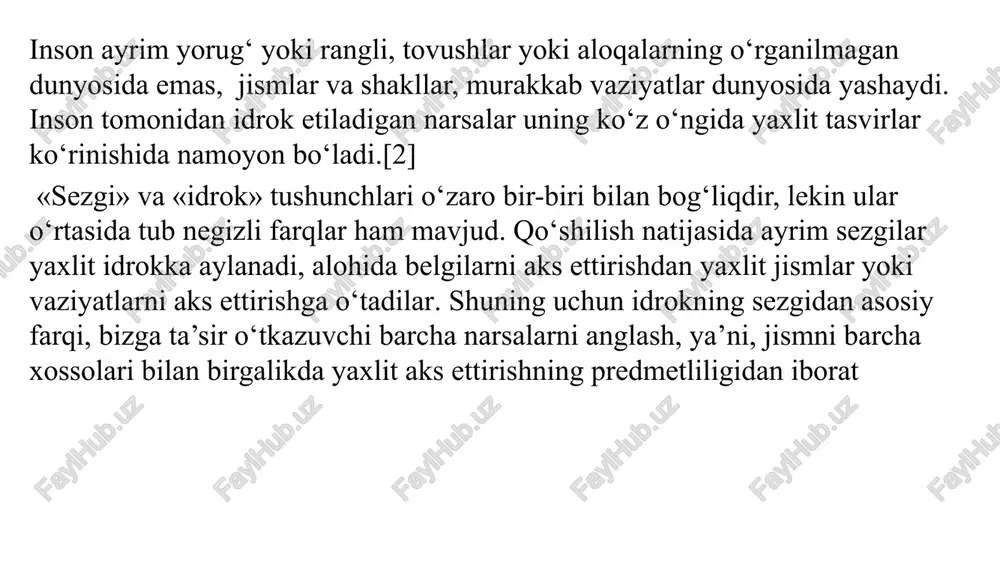 n jism haqidagi yaxlit tasavvur etish hisoblanadi idrokning fiziologik asosi bo‘lib his-tuyg‘u organlari, nerv tolalari va markaziy asab tizimida ro‘y beradigan jarayonlar hisoblanadi. nerv qo‘zg‘alishi seskantiruvchilardan his-tuyg‘u organlaridagi nerv tugunlarining markaziy proeksiyasidan iborat bo‘lgan po‘stloqning sensor sohalariga o‘tkaziladi. proeksiya sohasi qaysi organ bilan bog‘langanligiga ko‘ra, ma’lum sensor axborot shakllanadi. idrokning fiziologik mexanizmlarining o‘zi, qo‘zg‘alish bosh miya po‘stlog‘ining proeksiyali sohalardan integrativ sohalariga o‘tganida, real dunyo hodisalari obrazlari shakllanishining tugallanishi sodir bo‘ladigan keyingi bosqichlarda yaxlit obrazning shakllanishi jarayonlarida ishtirok etadi. shuning uchun idrok jarayonini yakunlovchi bosh miya po‘stlog‘ining integrativ sohalari, ko‘pincha, perseptiv sohalar deb ataladi. bu sohalarning vazifasi proeksiyali sohalarning vazifasidan tubdan farq qiladi. bu farq u yoki bu soha faoliyatning izdan chiqishida yaqqol ko‘zga tashlanadi. masalan, ko‘rish proeksiyali sohasining faoliyati buzilganida markaziy ko‘zi ojizlik paydo bo‘ladi, ya’ni, periferiya – his-tuyg‘u organlarining to‘liq faoliyatida odam butunlay ko‘rish sezgilaridan mahrum bo‘ladi, u hech narsani ko‘ramaydi. integrativ soha faoliyatining zarar ko‘rishi yoki izdan chiqishida …