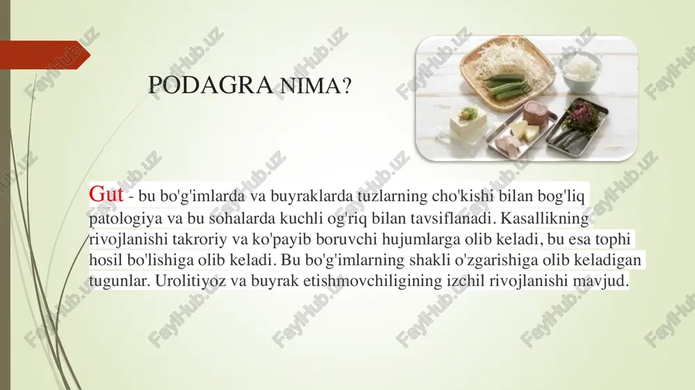 n holda davolovchi shifokor tomonidan tuziladi. siydik kislotasi darajasini pasaytirish uchun diet juda zarur. gut uchun ovqatlanishning xususiyatlari  purinlar gut dietasidagi oziq-ovqat tarkibiga kiritilmasligi kerak, ular kislotalarning to'planishiga yordam beradi. purinlar go'sht va yog'li ovqatlarda mavjud. shuning uchun gut bilan og'rigan odamlarga ko'proq vegetarian taomlarini iste'mol qilish tavsiya etiladi. retseptlarda qimmat tarkibiy qismlar mavjud emas va pishirish texnikasi murakkab emas. ammo faqat ruxsat berilgan ovqatlarni birlashtirish muhimdir. purinlarni tanadan tezda chiqarib tashlash uchun bemorga mo'l-ko'l ichimlik rejimi buyuriladi. bir kunda ichiladigan suyuqlik miqdori 2, 5 litrga etadi. urolitiyoz bo'lsa, gidroksidi va natriy bikarbonat bilan suv talab qilinadi. oziq-ovqat tarkibida o'simlik oqsillari va tsitrus mevalarining ko'pligi bilan siydikni zararsizlantirishga erishish mumkin. oyoqlarda podagra uchun parhez  gut parhezini doimiy ravishda kuzatib borish kerak. davolash uyda o'tkazilganligi sababli, kasallikka chalingan odam iroda kuchiga ega bo'lishi va ishlab chiqilgan menyuni buzmasligi kerak. bemorning ahvolidan kelib chiqqan holda, ruxsat etilgan va taqiqlangan mahsulotlar …