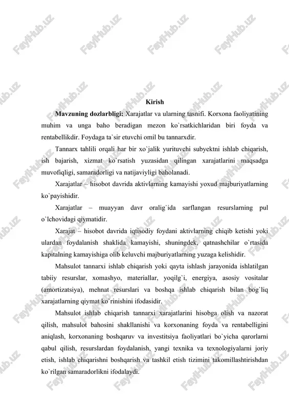 ifodasidir. mahsulot ishlab chiqarish tannarxi xarajatlarini hisobga olish va nazorat qilish, mahsulot bahosini shakllanishi va korxonaning foyda va rentabelligini aniqlash, korxonaning boshqaruv va investitsiya faoliyatlari bo`yicha qarorlarni qabul qilish, resurslardan foydalanish, yangi texnika va texnologiyalarni joriy etish, ishlab chiqarishni boshqarish va tashkil etish tizimini takomillashtirishdan ko`rilgan samaradorlikni ifodalaydi. moliya-xo`jalik faoliyati bilan bog`liq xarajatlar tarkibi xo`jalik yurituvchi subyekt faoliyatining rentabelligini va bozor raqobatbardoshliligini aniqlash uchun mahsulot (ishlar, xizmatlar) ni ishlab chiqarish va sotish davomida xo`jalik yurituvchi subyektda paydo bo`ladigan barcha xarajatlar to`g`risida to`liq va aniq axborot shakllantirilishi, soliq solinadigan bazani to`g`ri aniqlash maqsadida belgilanadi. moliya-xo`jalik faoliyati bilan bog`liq barcha xarajatlar quyidagilarga guruhlanadi: 1. mahsulotning ishlab chiqarish tannarxiga kiritiladigan xarajatlar: a) bevosita va bilvosita moddiy xarajatlar; b) bevosita va bilvosita mehnat xarajatlari; v) boshqa bevosita va bilvosita xarajatlar, shu jumladan ishlab chiqarish xususiyatiga ega bo`lgan ustama xarajatlar. 2. ishlab chiqarish tannarxiga kiritilmaydigan, biroq asosiy faoliyatdan olingan foydada hisobga olinadigan hamda davr xarajatlariga …