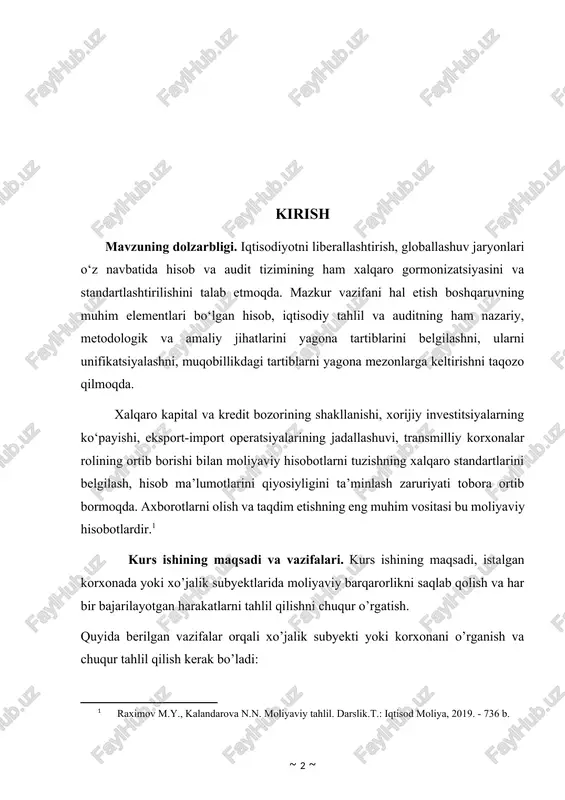 va taqdim etishning eng muhim vositasi bu moliyaviy hisobotlardir.[footnoteref:1] [1: raximov m.y., kalandarova n.n. moliyaviy tahlil. darslik.t.: iqtisod moliya, 2019. - 736 b. ] kurs ishining maqsadi va vazifalari. kurs ishining maqsadi, istalgan korxonada yoki xo’jalik subyektlarida moliyaviy barqarorlikni saqlab qolish va har bir bajarilayotgan harakatlarni tahlil qilishni chuqur o’rgatish. quyida berilgan vazifalar orqali xo’jalik subyekti yoki korxonani o’rganish va chuqur tahlil qilish kerak bo’ladi: -xo‘jalik yurituvchi subyektlarning yaqin va uzoq davriylikdagi reja, prognoz ko‘rsatkichlarini (ilmiy, iqtisodiy jihatdan) asoslash; - reja va prognoz ko‘rsatkichlarining bajarilishiga, natijaga erishish yuzasidan ularning ta’sirchanligiga baho berish; - xo‘jalik yurituvchi subyekt nazorat qilib turadigan iqtisodiy resurslarga, ularning samaradorligiga baho berish; - faoliyatning iqtisodiy ko‘rsatkichlariga, erishilgan natijalariga baho berish; - xo‘jalik yurituvchi subyektning pul mablag‘larini ko‘paytirish, ularning ko‘payish vaqtini hisob-kitob qilish va natijaga erishishga umid qilishdagi qobiliyatini baholash; - xo‘jalik yurituvchi subyektning likvidligi, to‘lovga qobiliyati, ishlayotgan muhit o‘zgarishlariga munosabat bildira olishini moliyaviy holatga ta’sirini baholash. - …