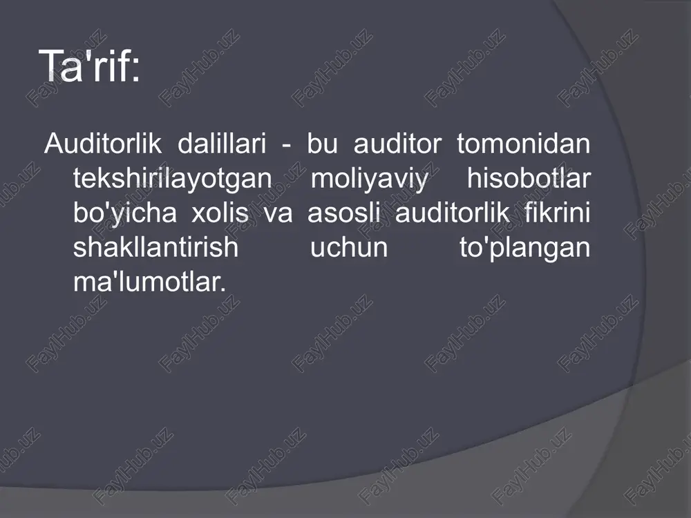 otlarning to'g'riligini tasdiqlovchi uchinchi shaxsdan yozma javob olish. savol berish - mijoz tomonidan auditor tomonidan berilgan savollarga og'zaki yoki yozma ma'lumot taqdim etilganda. inventarizatsiya - bu auditor tomonidan moddiy boyliklarni tekshirish va hisobga olish. dalillarni olish usullari: hujjatlarni tekshirish ushbu hujjatlarni tayyorlash va rasmiylashtirishning to'g'riligini, shuningdek, ularning buxgalteriya hisobida o'z vaqtida, to'g'ri va to'liq aks ettirilishini o'z ichiga oladi. mijozning arifmetik hisob-kitoblarini tekshirish - hisoblash xatolarini aniqlash va ularning hisobot ishonchliligiga ta'siri. kuzatuv (skanerlash) - buxgalteriya hisobida aks ettirilgan atipik ob'ektlar va hodisalarni aniqlash va o'rganish. analitik protsedura - olingan ma'lumotlarni tahlil qilish va baholash. to'plangan dalillar uchun auditor etarli darajada tegishli dalillarni to'plashi kerak. yig'ilgan dalillar auditor tomonidan o'z ish hujjatlarida aks ettiriladi va auditorlik hisobotini tuzishda foydalaniladi. ishonchliligi ma'lumotlarning sifatini va undagi xatolarning yo'qligini tavsiflaydi. /docprops/thumbnail.jpeg