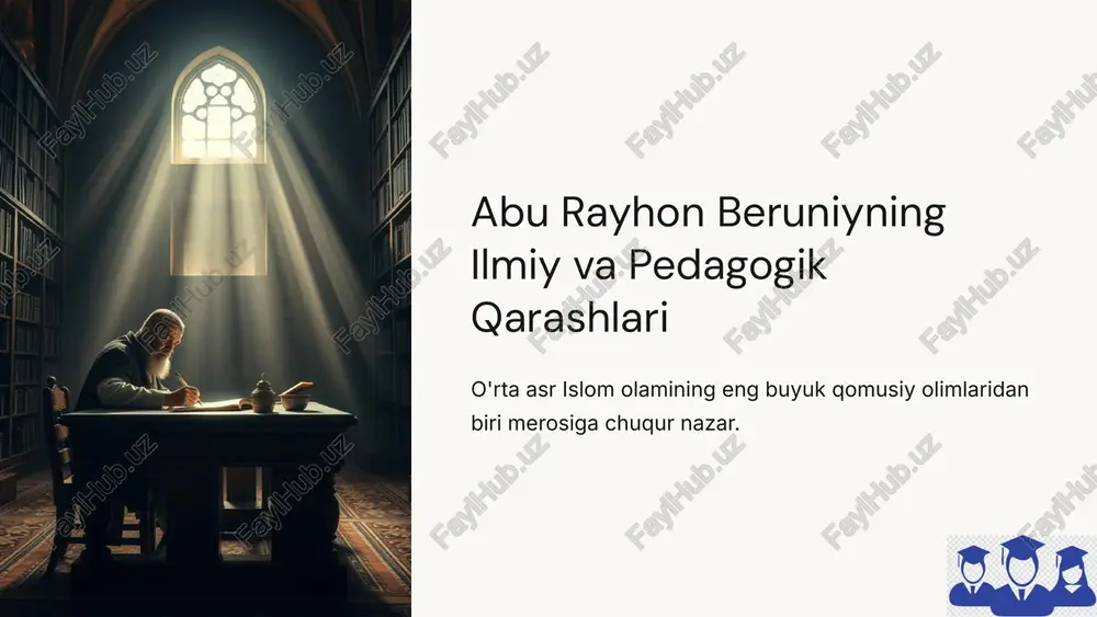 i faktlarni shunchaki yodlash emas, balki mustaqil fikrlash va tanqidiy tahlil qilishga o‘rgatishni ilgari surgan. beruniy ta'limda axloqiy va intellektual tarbiya bir-birini to'ldirishi shartligini ta'kidlagan. 6 beruniy va sharq mutafakkirlari ta'limdagi o‘xshashliklar beruniyning pedagogik qarashlari boshqa buyuk allomalar, jumladan, abu nasr farobiy va ibn sino ta'lim falsafasi bilan uyg‘unlashgan. ma'naviyat va ahloq insoniylik, vijdon va ma'naviy yetuklikni bilim olishdan ustun qo'yish. bilimga chanqoqlik o‘quvchilarda ilmiy izlanishga bo'lgan ishtiyoqni uyg'otish va rag'batlantirish. amaliy ko‘nikmalar nazariy bilimlarni amaliy tajribalar orqali boyitish va hayotda qo'llashga o'rgatish. ular barchasi ta'limni faqat kasb o'rgatish emas, balki komil insonni shakllantirish jarayoni deb bilgan. 7 ilm va tarbiya uyg‘unligi beruniyning ta'lim modeli faqat miya mashg'ulotini emas, balki shaxsiyatning har tomonlama rivojlanishini nazarda tutgan. axloqiy tarbiya ilm egasi odobli, halol va bosiq bo'lishi kerak. bu bilimlarni to'g'ri qo'llash uchun asos. ustozga hurmat o‘qituvchiga bo'lgan ehtirom bilim olish yo'lidagi eng muhim qadamlardan biri hisoblanadi. qadriyatlarni singdirish milliy va ma'naviy …