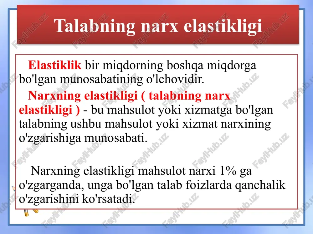 bning birlik elastikligi mahsulot narxining 1% ga oshishi unga talab miqdorining 1% pasayishiga olib keladi deb faraz qiladi ( mahsulot narxining har qanday o'zgarishi ushbu mahsulotga talab miqdorining teskari proportsional o'zgarishi bilan birga keladi ). talabning birlik elastikligi ( 1,5 va 3 miqdori bilan chizamiz ) egiluvchanlik birligi uchun: y k = p * q , bu erda y k doimiy (o'zgarmas daromad) talab miqdorining narxga funktsional bog'liqligi quyidagicha ifodalanishi mumkin: q = y k / p d egiluvchanlik birligining egri chizig'ini chizamiz (4-3-rasm (95-bet)) narxlar va daromadlar o'zgarishining elastiklik turiga bog'liqlik jadvalini aks ettiramiz mukammal elastik talab va mutlaqo elastik talab mukammal elastik talab to'liq elastik talab bilan, ma'lum bir belgilangan narxda, ma'lum miqdordagi tovar ma'lum bir talab doirasida sotilishi mumkin (masalan, 0 dan 0 gacha). q n ). ushbu diapazonda iste'molchilar mahsulotning istalgan miqdorini p 1 narxida sotib olishga tayyor . ammo agar narx p 1 dan yuqori …