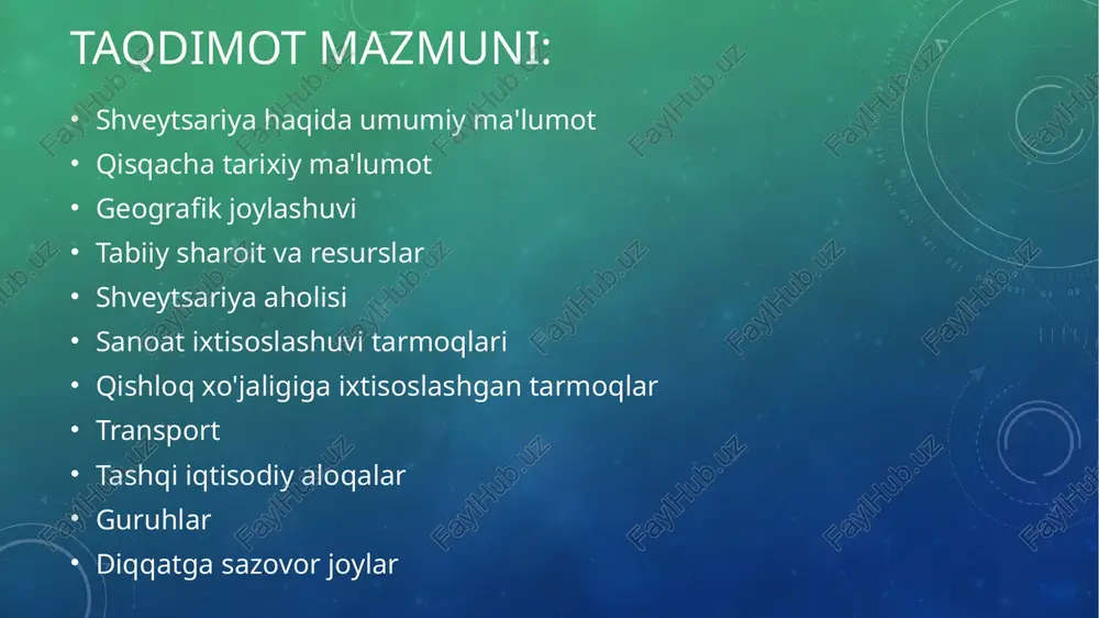 bilan chegaradosh. 7 aholi aholi aholining 80% mahalliy shveytsariyaliklar bo'lib, ular to'rtta etnik guruhni o'z ichiga oladi: nemis-shveytsariya, franko-shveytsariya, italo-shveytsariya va romansh, ularning har biri o'ziga xos tilga ega. aholining 20% chet elliklardir. romansh tili milliy til sifatida teng maqomga ega. shveytsariyalarning 46% katolik, 40% protestant. yuqori darajada rivojlangan ijtimoiy va sog'liqni saqlash tizimi yuqori turmush darajasini ta'minlaydi. shveytsariya universitetlari va oliy o'quv yurtlari butun dunyo bo'ylab ajoyib obro'ga ega. shveytsariya umumiy aholisining taxminan uchdan bir qismi 5 ta yirik shaharda yashaydi. milliy taomlar "shveytsariya oshxonasi" tushunchasi odatda pishloq va shokolad bilan bog'liq, ammo aslida bu mahsulotlar mamlakat milliy oshxonasida asosiy mahsulotlar emas. shveytsariya nafaqat milliy va madaniy xilma-xilligi, balki frantsuz, nemis va italyan oshxonalarining boy tanlovi bilan ham mashhur. shveytsariya shokoladi va “hüchli” va “krepfli” kabi shirinliklar ham dunyoga mashhur. maxsus tayyorlangan, juda kuchli "ristretto" qahvasini sinab ko'rishga arziydi. jeneva port, turizm markazi va xalqaro forumlar oʻtkaziladigan joy, tepaliklar …
