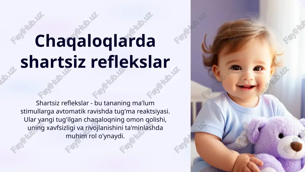 ashtiriladi. 7 xulosa: shartsiz reflekslarni kuzatish va baholash shartsiz reflekslarning namoyon bo'lishini kuzatish bolaning asab tizimining holatini baholash uchun muhimdir. reflekslarning namoyon bo'lishida yo'qligi yoki anormalliklari bo'lsa, mutaxassisga murojaat qilish kerak. 8 image1.png image2.png image3.png image4.png image5.png image6.png image7.png image8.png image9.png image10.png image11.png image12.png image13.png image14.png