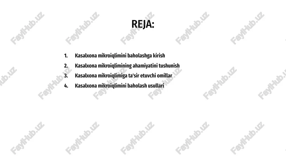 n zarurdir. salavha kasalxona mikroiqlimini baholashning bir necha usullari mavjud. 1 bu usullar harorat va namlik monitoringi, havo sifatini tekshirish va shamollatish tizimini tahlil qilishni o'z ichiga oladi. 3 ushbu baholash usullaridan foydalangan holda, shifoxonalar mikroiqlimining xavfsizlik va qulaylik standartlariga javob berishini ta'minlashi mumkin. 2 kasalxona mikroiqlimida haroratning ahamiyati a kasalxona mikroiqlimini baholash bemorlar va xodimlar uchun ideal muhitni ta'minlashda hal qiluvchi ahamiyatga ega. harorat shifoxona mikroiqlimida asosiy omil hisoblanadi. b haroratning o'zgarishi bemorning qulayligi va tiklanishiga, shuningdek, tibbiy asbob-uskunalar samaradorligiga ta'sir qilishi mumkin. shuning uchun shifoxonalarda haroratni kuzatish va saqlash juda muhimdir. c kasalxona mikroiqlimida haroratning ahamiyatini tushunib, sog'liqni saqlash xodimlari har bir kishi uchun qulay va xavfsiz muhit yaratish uchun ongli qarorlar qabul qilishlari mumkin. kasalxonaning mikroiqlimini baholashda namlik darajasini o'lchash juda muhimdir. namlik bemorning qulayligiga, uskunaning ishlashiga va kasalxona muhitida infektsiyalarning tarqalishiga ta'sir qilishi mumkin. namlikni aniq o'lchash mog'or paydo bo'lishiga yoki namlik bilan bog'liq muammolarga moyil …