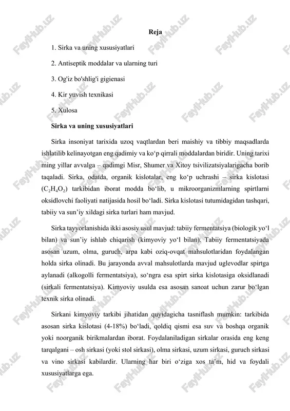 sishini to‘xtatadi. shu sababdan, tarixan sirkadan oziq-ovqat mahsulotlarini konservalash, tuzlash va dezinfeksiyalashda hamda tibbiyotda jarohatlarni davolash va tozalashda foydalanilgan. bugungi kunda ham, ayniqsa, ekologik toza vosita sifatida, meva va sabzavotlarni yuvishda, idishlarni tozalashda, uy sirtlarini dezinfeksiyalashda hamda bir qator kasalliklarning oldini olish va davolashda ishlatilmoqda. sirka inson organizmiga ta’siri jihatidan ham ko‘p o‘rganilgan. ilmiy manbalarga ko‘ra, sirkada mavjud polifenollar va antioksidantlar, xususan, olma va uzum sirkasida yurak qon-tomir kasalliklari xavfini kamaytirish, qondagi glyukoza miqdorini kamaytirish, hazm jarayonini yaxshilash kabi foydali ta’sirlar ko‘rsatishi aniqlangan. sirka, shuningdek, detoksikatsiya, immunitetni oshirish, organizmdagi yallig‘lanish jarayonlarini kamaytirish kabi funksiyalarga ham ijobiy ta’sir ko‘rsatadi. biroq, sirkani me’yorda va to‘g‘ri ishga solish zarur. negaki, uning tarkibidagi kislotaning yuqori konsentratsiyasi organizm yoki to‘qimalarga zarar yetkazishi mumkin. ayniqsa, oshqozon yarasi, gastrit yoki bo‘g‘im kasalliklari bilan og‘rigan insonlarga sirka iste’molini cheklash tavsiya etiladi. sirka, haddan tashqari yoki konsentratsiyalangan holda ichilsa, teri va shilliq qavatlarda, ayniqsa, og‘iz bo‘shlig‘ida yuzaga keladigan kuyishlar …