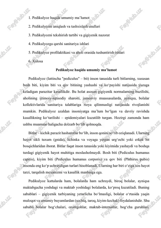 arqalish o‘choqlari hisoblanadi. kassallikning asosiy belgilari – bosh terisida kuchli qichishish, teri g‘adir-budir bo‘lib qolishi, qashish natijasida silliq joylarda yallig‘lanish, ikki yelkada va ensa sohasidagi teri bo‘laklarida qizil toshmalar paydo bo‘lishi, bitlar va gnidalarning ko‘rinishi bilan namoyon bo‘ladi. qov biti asosan jinsiy aloqada yuqadi va ko‘pincha balog‘at yoshidagi insonlarda uchraydi. bundan tashqari, pedikulyoz nafaqat mustaqil kasallik, balki boshqa infeksion kasalliklarni – tif, bartonellyoz, qayt qayt qizdirma kabi xavfli kasalliklarning tashuvchisi bo‘lishi mumkin. bitlar tezda moslashadi va yangi sharoitga oson ko‘nika olishi sababli, ularning yo‘q bo‘lishi uchun qat’iy kompleks choralar ko‘rish talab etiladi. shu o‘rinda bitlar infeksiyani tashuvchi sifatida jiddiy epidemiologik xavf tug‘diradi. pedikulyozning tarqalishi turli omillar bilan bog‘liq: ijtimoiy-iqtisodiy qiyinchiliklar, favqulodda holatlar, odamlarning zich yashashi, gigiyenik savodxonligining pastligi va shaxsiy gigiyena qoidalariga befarqlik ko‘rsatish. odatda, kasallik oilalar, maktablar, jamoat joylarida tez va ko‘p tarqalishi mumkin. hamma yoshdagilar pedikulyozga moyil. kuchsiz immunitet, shuningdek, uzoq muddat gigiyenik parvarish qilinmaslik ham bitlarning rivojlanishiga …
