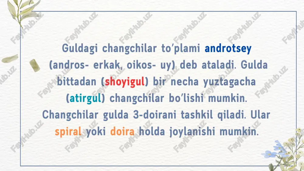gcha ishtirok qiladi. a) sinkarp ginetsey — urugʼchini hosil qilaѐtgan mevabargchalarning faqat ѐn taraflari qoʼshilib oʼsib ketadi. urugʼkurtaklar mevabargchalarga qirrasi boʼylab birikadi. bu tipdagi ginetsey koʼpchilik bir pallali oʼsimliklarda uchraydi. b) parakarp ginetsey — urugʼchini tashkil qilgan mevabargchalar faqat qirralari bilan tutashadi. urugʼkurtaklar esa devorning shu qirrali qismiga joylashadi. bu xildagi ginetseyni koʼknori, qovoq, bodring, qovun oʼsimliklarida uchratamiz. v) lizokarp ginetsey — urugʼchini hosil kilishda qatnashgan mevabargchalarning ѐn tomonlari qoʼshilib oʼsgan sinkarp ginetseylardan ѐn devorlariniig erib ketishi hisobiga yuzaga keladi. bu ginetseyda urugʼkurtaklar ginetsey markazida kolonkasimon holda joylashadi. bu tipdagi ginetsey semizakdoshlar va chinniguldoshlarda uchraydi. thank you image9.png image10.png image11.png image12.svg image1.jpeg image2.png image3.png image4.png image5.png image6.png image7.png image8.png image13.png image14.png image17.png image18.png image19.png image15.png image16.png image20.png image21.png image22.png /docprops/thumbnail.jpeg